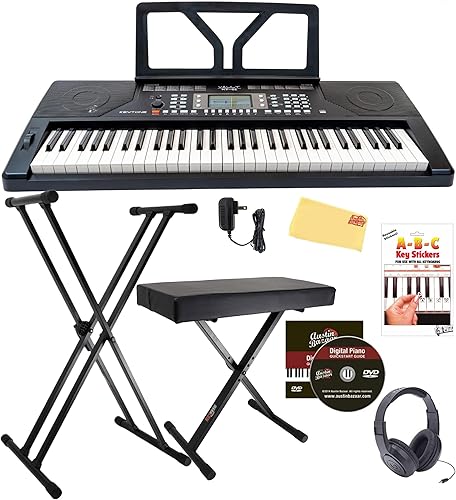 Vault KT-61 Teclado electrónico sensible al tacto de 61 teclas - Paquete negro negro con soporte ajustable, banco, auriculares, calcomanías de