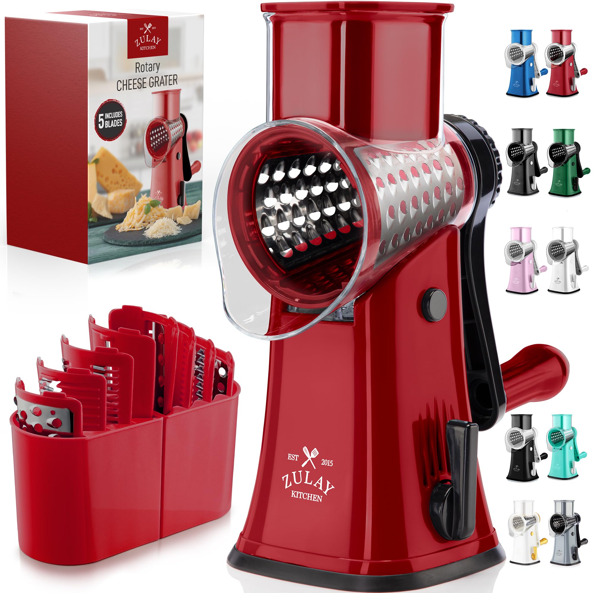 Rotary Cheese Grater Manual Hand Crank 5 Blade Shredder, Red