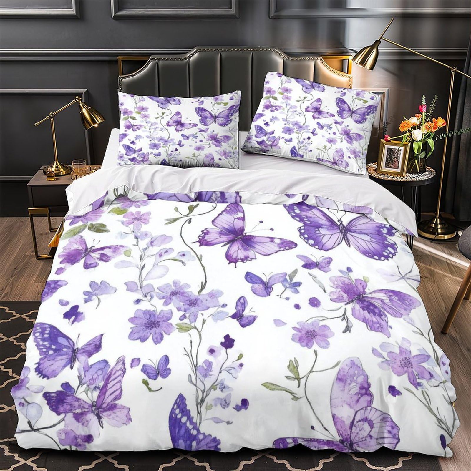 Lila Schmetterlinge 3-teiliges Reines Polyester Aquarell Floral Design Bettbezug, Versteckter Reißverschluss, Krippenbettwäsche, Babysicher & Pflegeleicht King（220x240cm）