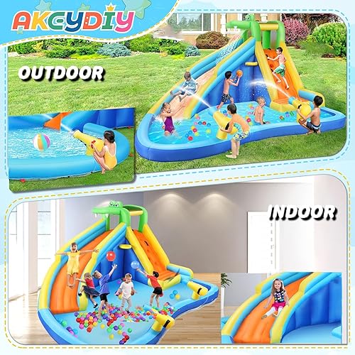 Miniatura 5 de AKEYDIY Tobogán acuático inflable y casa de rebote de agua de cocodrilo, parque de tobogán acuático inflable con piscina de salpicaduras, pared de