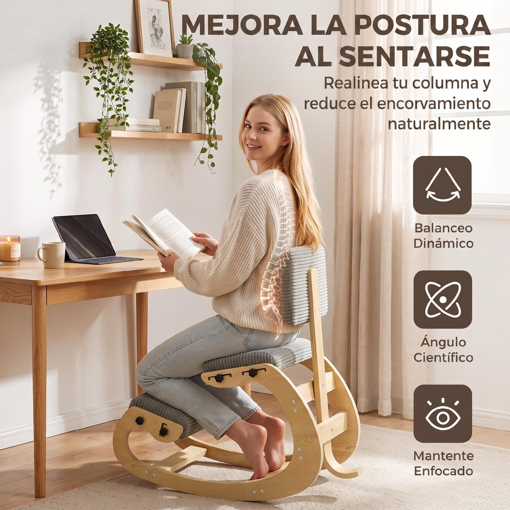 HOMCOM Silla Ergonómica de Rodillas con Respaldo Tapizado en Pana Gris | Silla de Rodillas, Amplio Apoyo, Estructura de Madera, Mejora la Postura