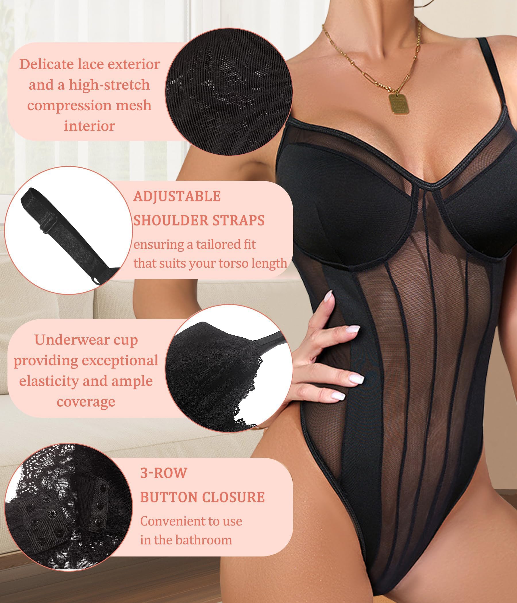 Body de malla transparente sin mangas con cuello en V y encaje transparente para mujer