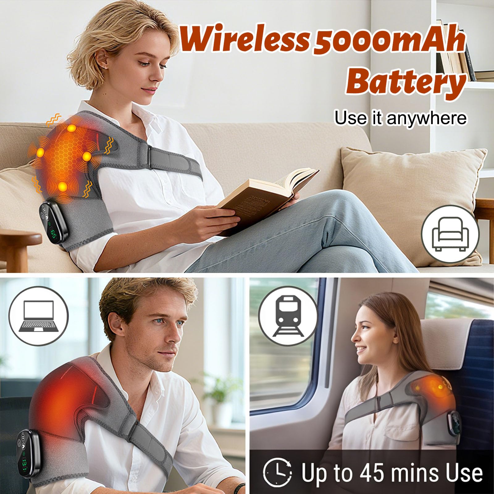 Schulter-Massagegerät mit Wärme Vibration, 5000mAh Kabellose Beheizte Schultermassagegerät mit 5 Vibrations, 5 Heizstufen, 3-Gang-Timer, für Zuhause, Büro, Damen, Herren zur Entspannung