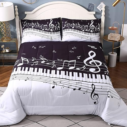 Geilioo Edredón de notas musicales, edredón con patrón de piano y temática musical, juego de ropa de cama para adolescentes, niños y niñas, 1