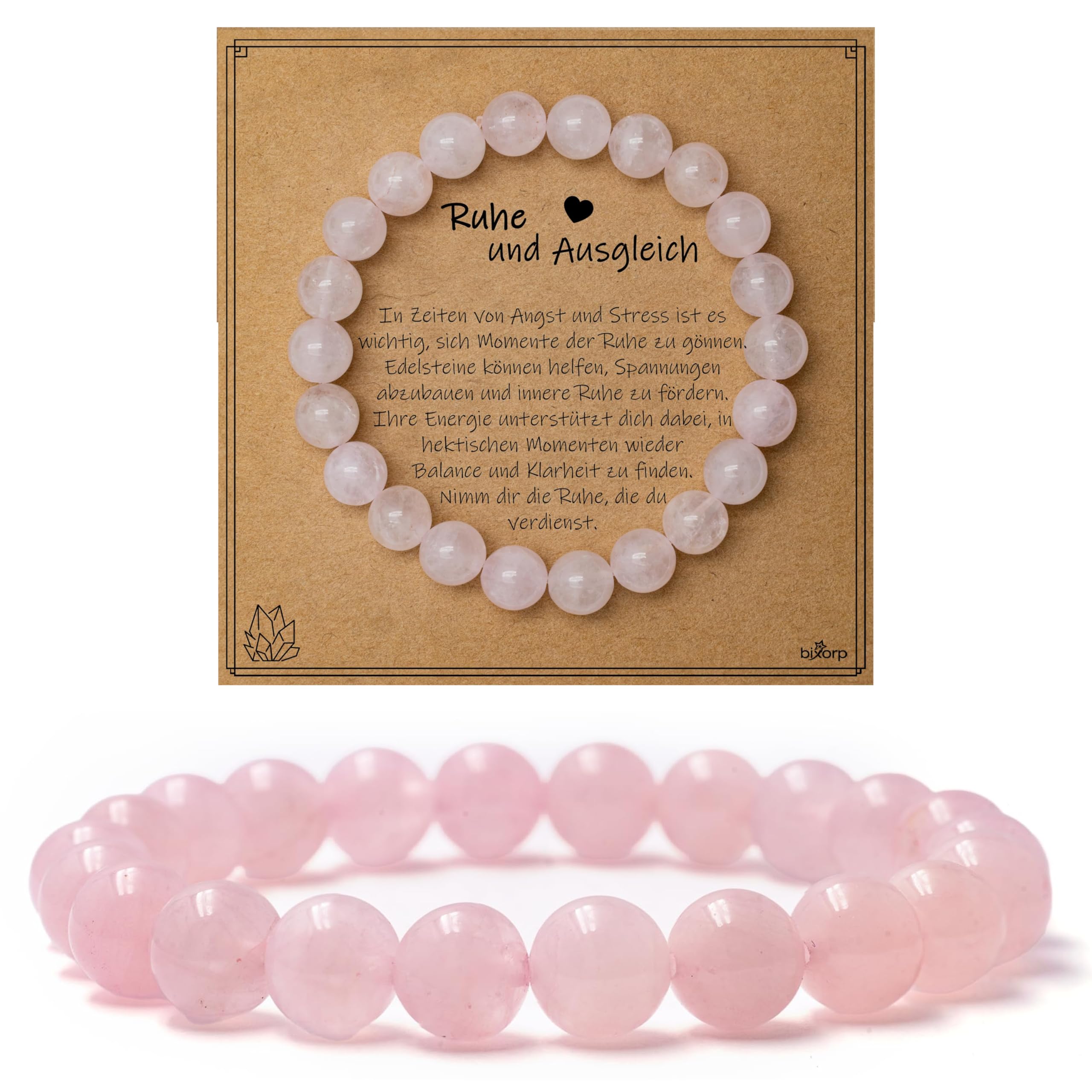 Bixorp Rosenquarz Perlenarmband auf Geschenkkarte - Ruhe und Ausgleich - Verschiedene Längen mit 8mm Perlen - Handgefertigtes Edelstein Armband in Geschenkverpackung 18cm