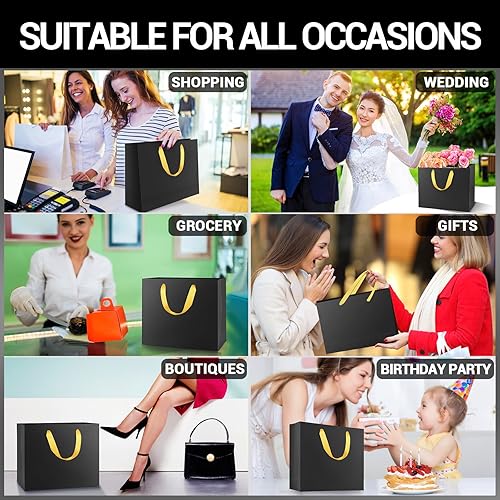 Miniatura 5 de EUSOAR Bolsas de compras pequeñas negras con asas doradas, paquete de 20 bolsas de regalo de 10.6 x 3.1 x 8.3 pulgadas con asas a granel, bolsas de