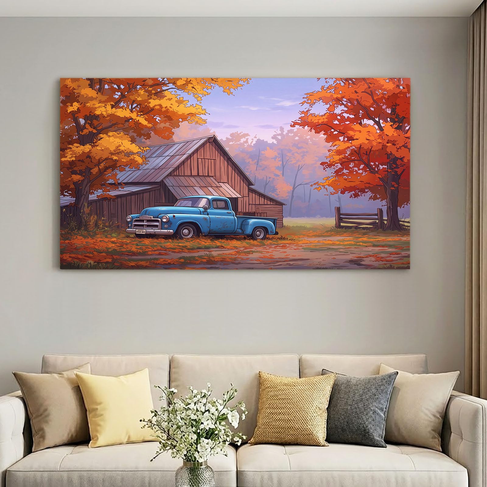 Generisch Lienzo de pared con marco de madera, paisaje de dibujos animados, arte de pared, diseño de hoja de arce, decoración de pared para casa, fácil montaje para sala de estar, dormitorio, hogar