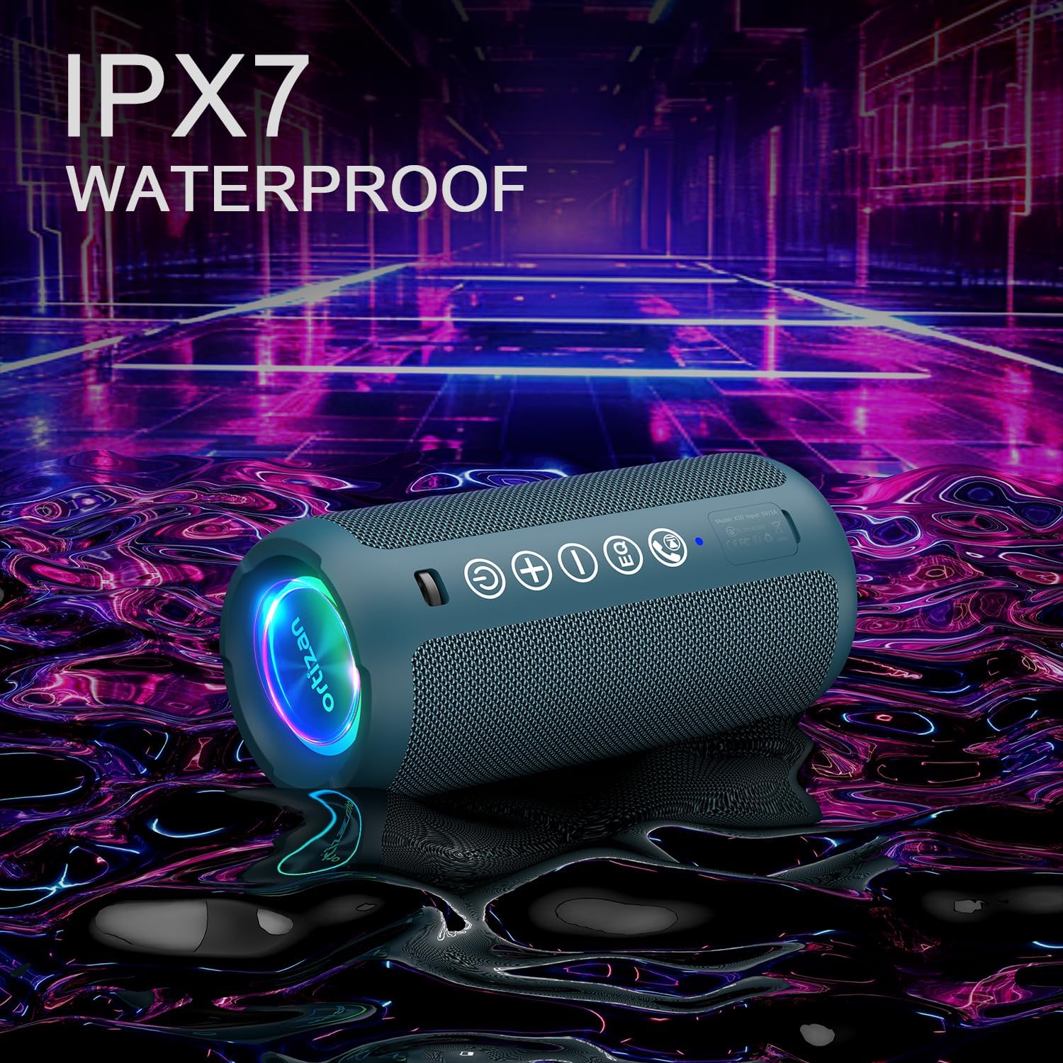 Ortizan Portable Bluetooth Speaker: IPX7 Waterproof, 24W Loud Sound, Deep Bass, Bluetooth 5.3, LED Lights, Wireless Stereo Pairing, 30H Playtime, for Home/Outdoor/Party/Beach, Birthday Gift (Blue) - Image 7
