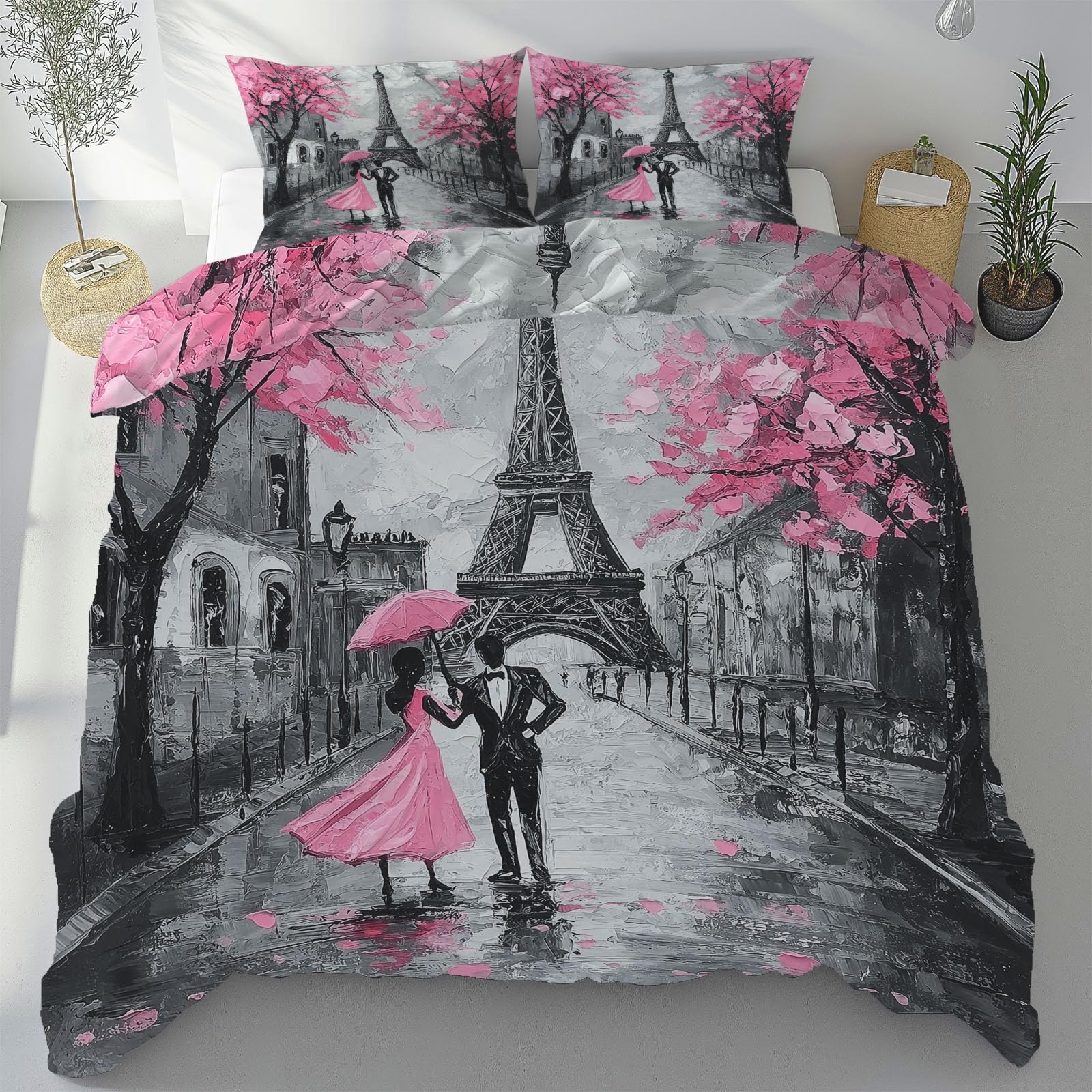 Housse de couette Tour Eiffel 240x260 cm avec 2 taies 65x65 en microfibre pour lit double