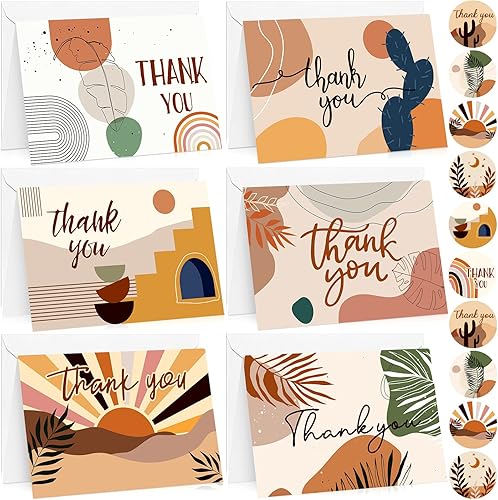 Paquete de 24 tarjetas de agradecimiento bohemias con sobres y calcomanías, notas geométricas de agradecimiento, kit de tarjetas de felicitación