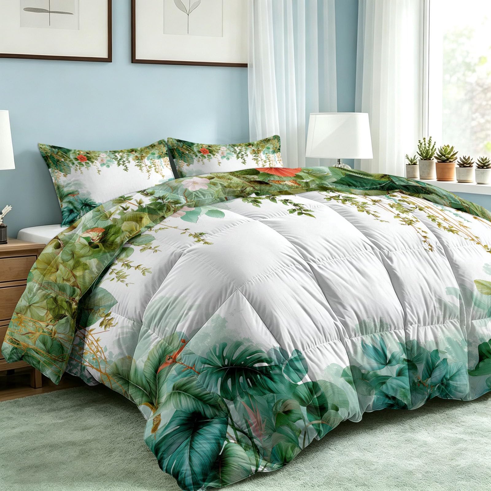 Trapunta 4 stagioni reversibile con 2 federe, 220 x 240 cm stile giungla tropicale disegnato a mano viti pappagalli fiori foglie bianco trapunta trapuntata senza cappuccio morbido traspirante