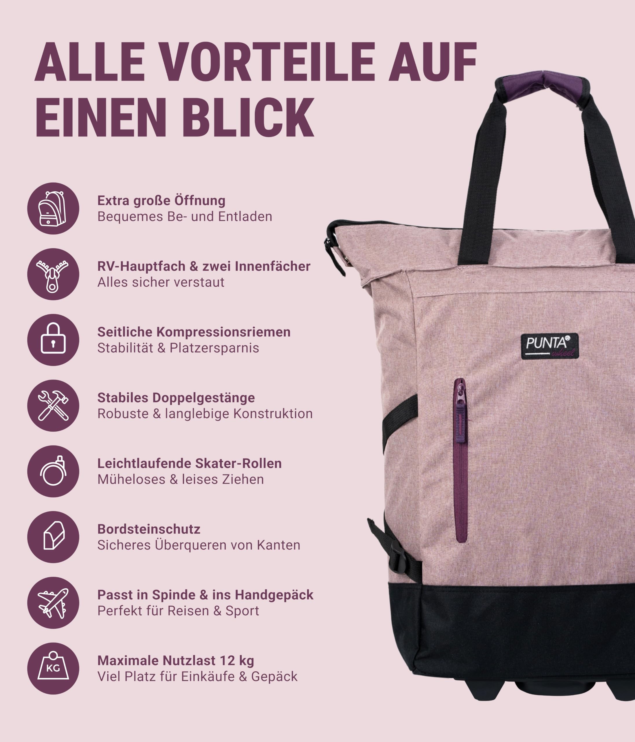 Punta® Einkaufstrolley 33L Altrosa/Azalee | Einkaufstrolley modern mit Skater-Rollen – leise & leichtgängig | modernes Design | ideal für Einkäufe, Reisen & Sport | Wheel Shopping Roller für unterwegs