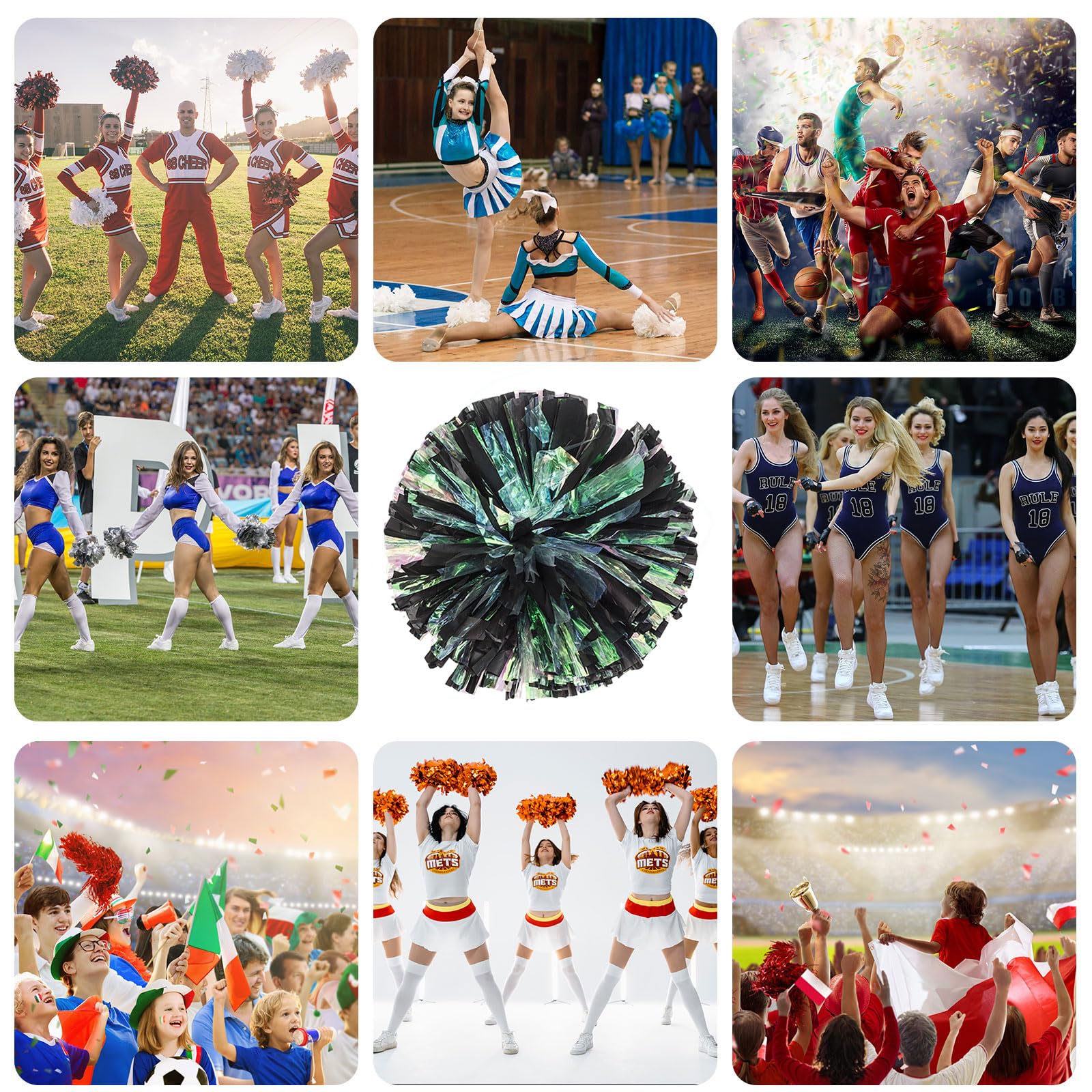 8 szt. pompony Cheer, 34,7 cm pompony cheerleaderki z otworami na palce, pompony do tańca, zapałek (czarny matowy)