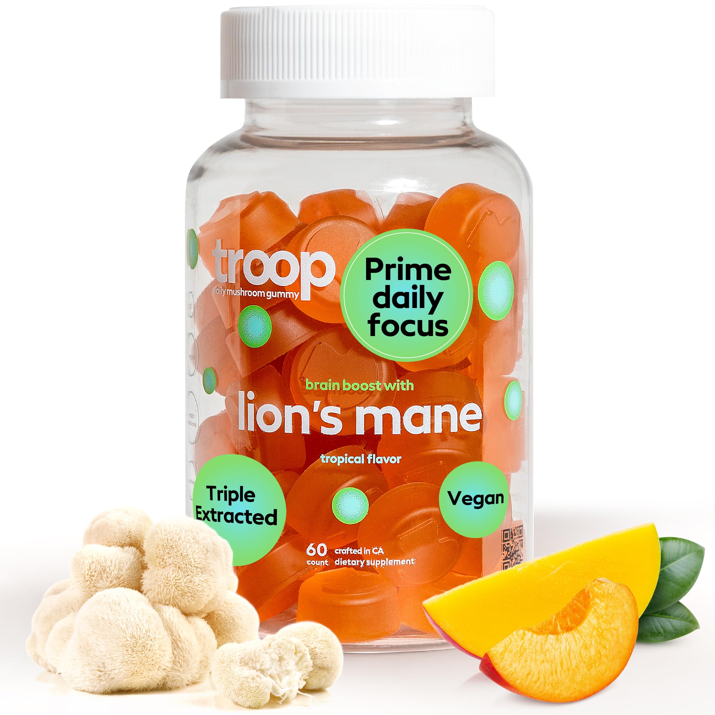 Troop Mushroom Lion's Mane Gummies, Supplement for Focus & Mood, Cognitive, Immune & Memory Support - Brain Boost, Natural Peach Mango Flavored Nootropic with Fruit Body Gummy - Vegan, 60 Count