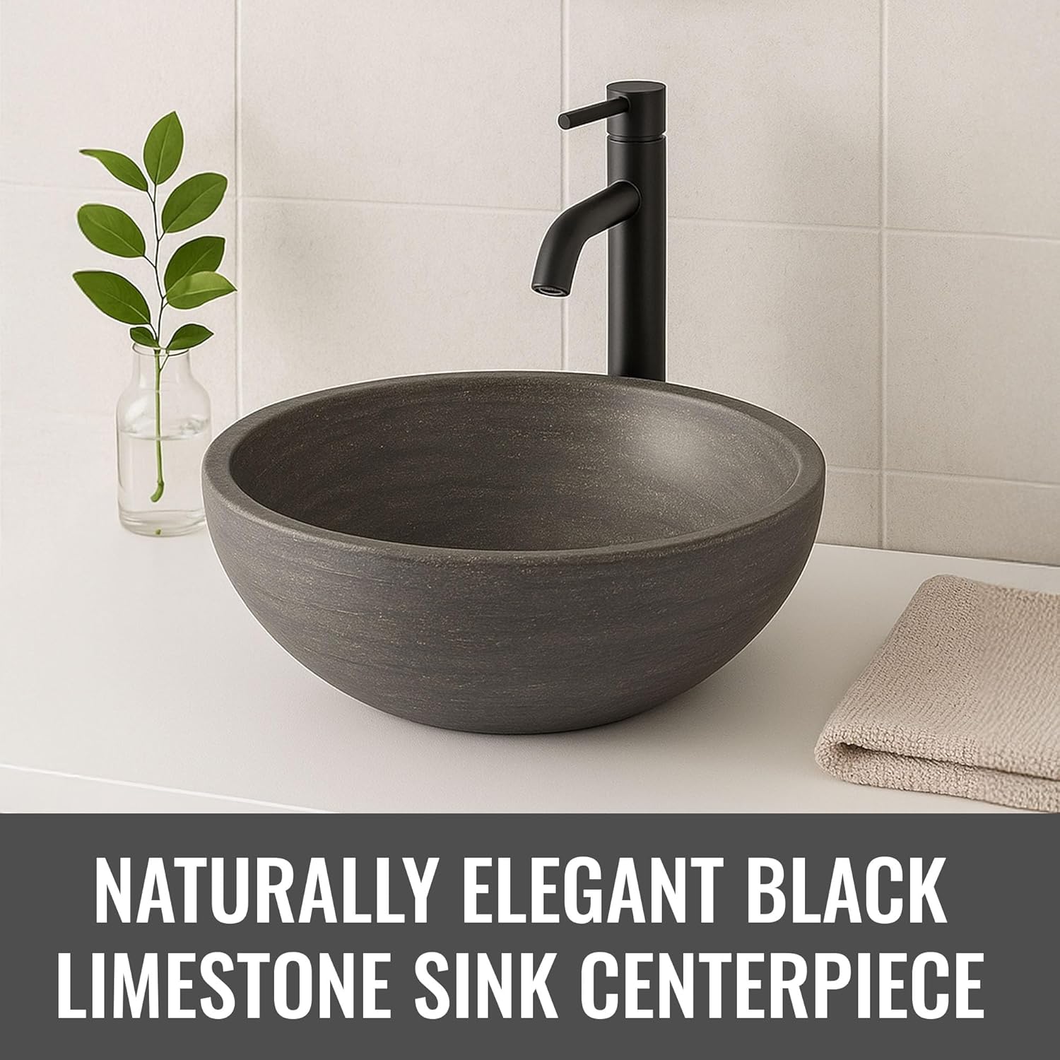 Eden Bath Round Small Thin Rim Vessel Sink, Honed Black Limestone - Stylish Bathroom Sink