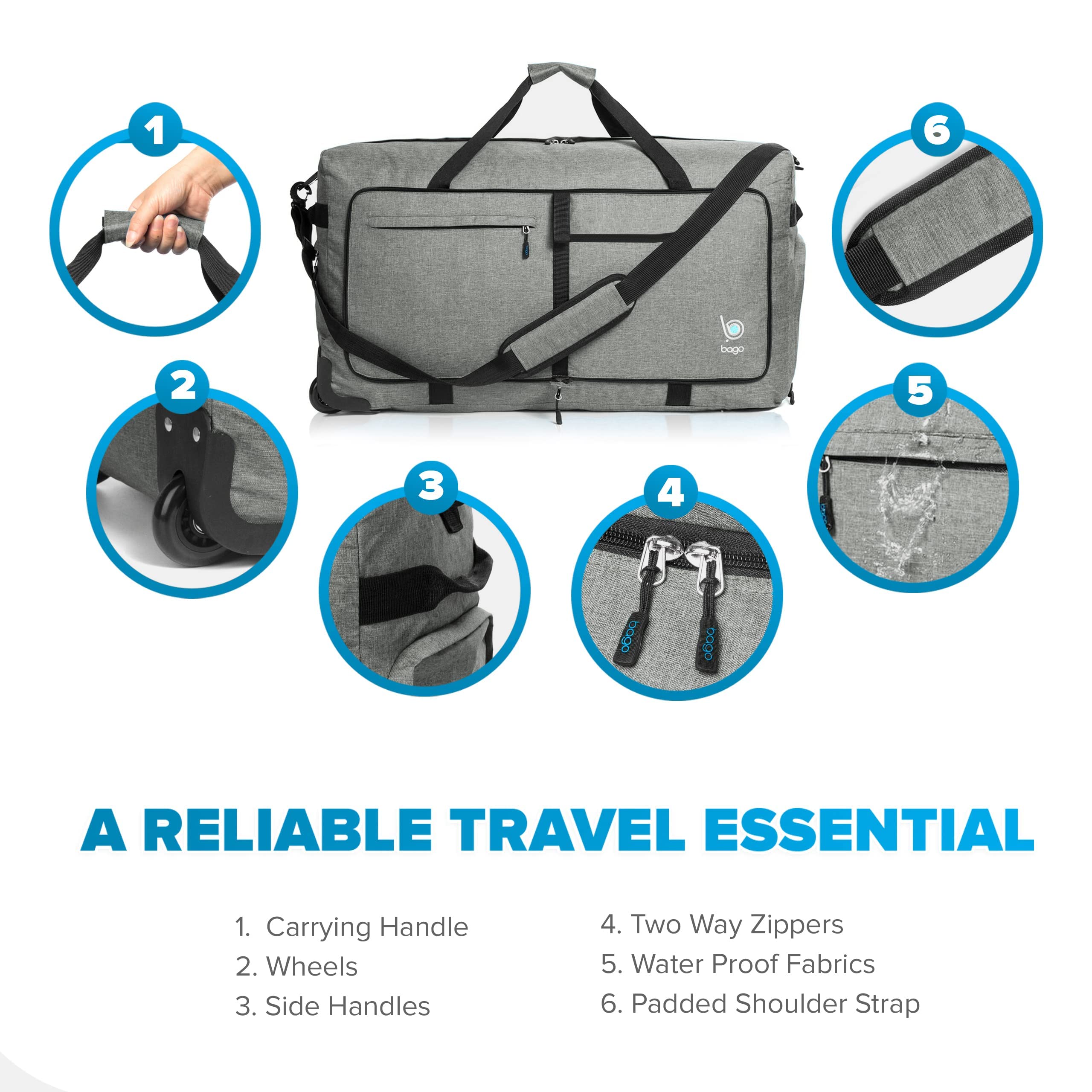 Bago Foldable Duffle Bag with Wheels Folding Duffel Bag, Waterproof