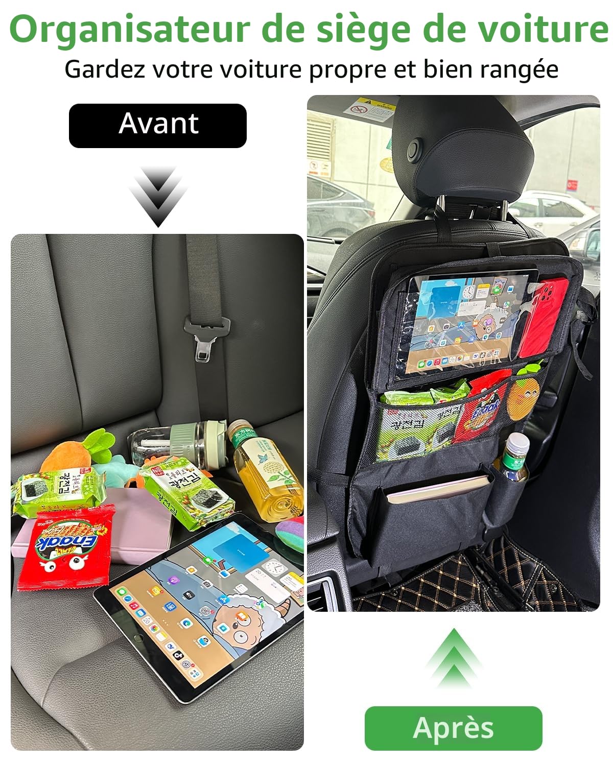 Lot de 2 organisateurs de siège de voiture, grande protection de dossier et sac de rangement étanche multifonction pour enfants, protection de siège avec table pliante, poche pour tablette