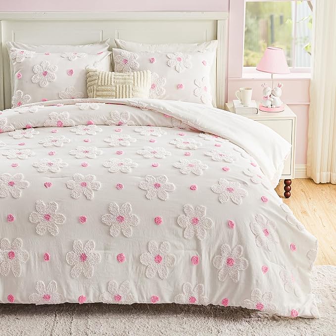 VIVILINEN Queen Size Comforter Sets for Girls Floral Bedding Cute Comforter with Tufted Daisies Flowers, Lightweight Queen Bed Set 3 Pieces for Kids Teen Girls Women, Pink