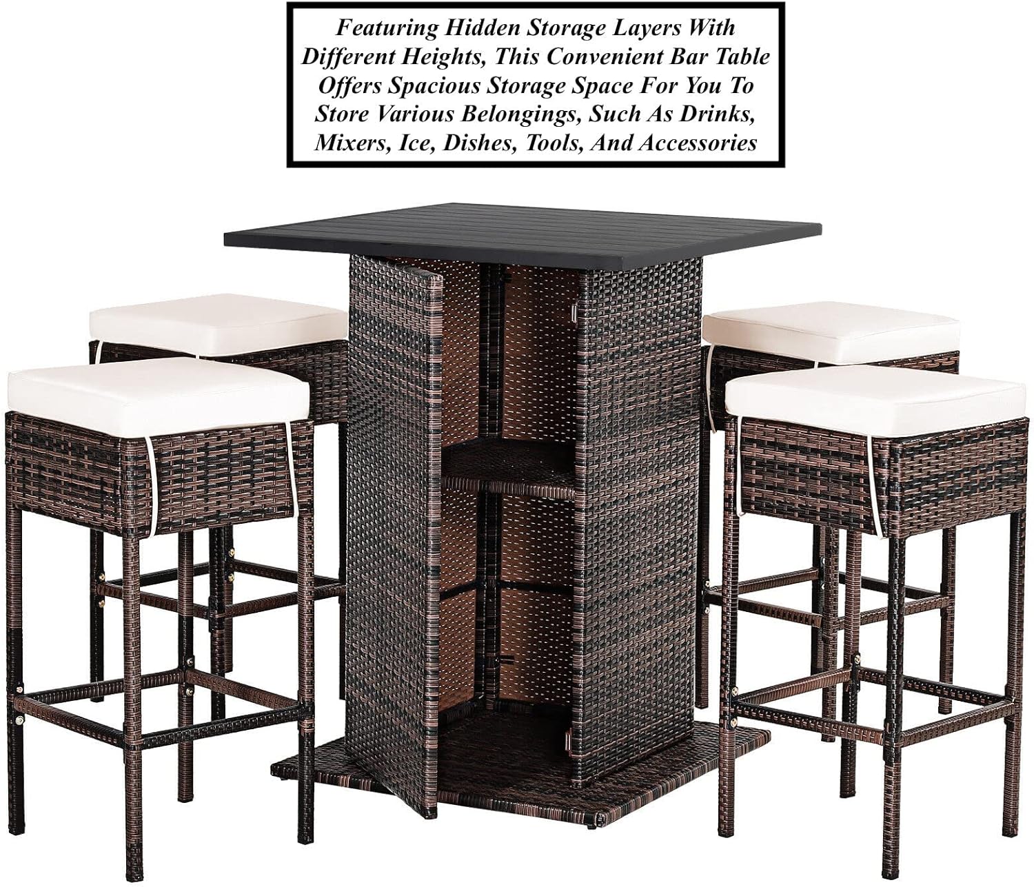 5PCS Patio PE Rattan Bar Table Stool Set Bar Table with Hidden Storage Space 4 Ergonomic Stools with Footrest Comfortable Sitting with Soft Cushions Suitable for Poolside Garden Balcony Use