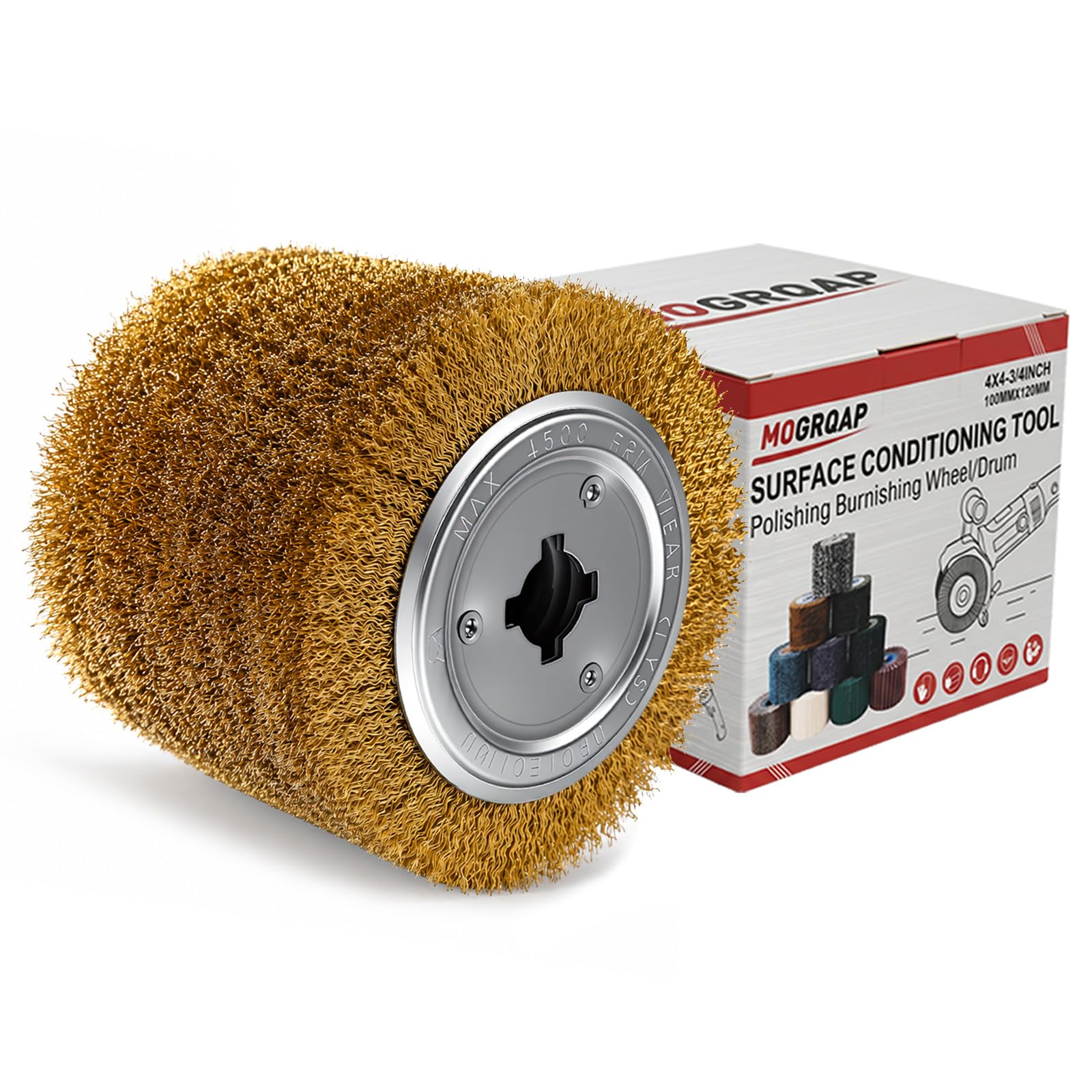 MOGRQAP Polishing Drum, Brass Wire Brush Drum Burnishing Polishing Tools Wheels for Grinder Satin Machine Sanding Metal Surface Polishing 120 x 100mm