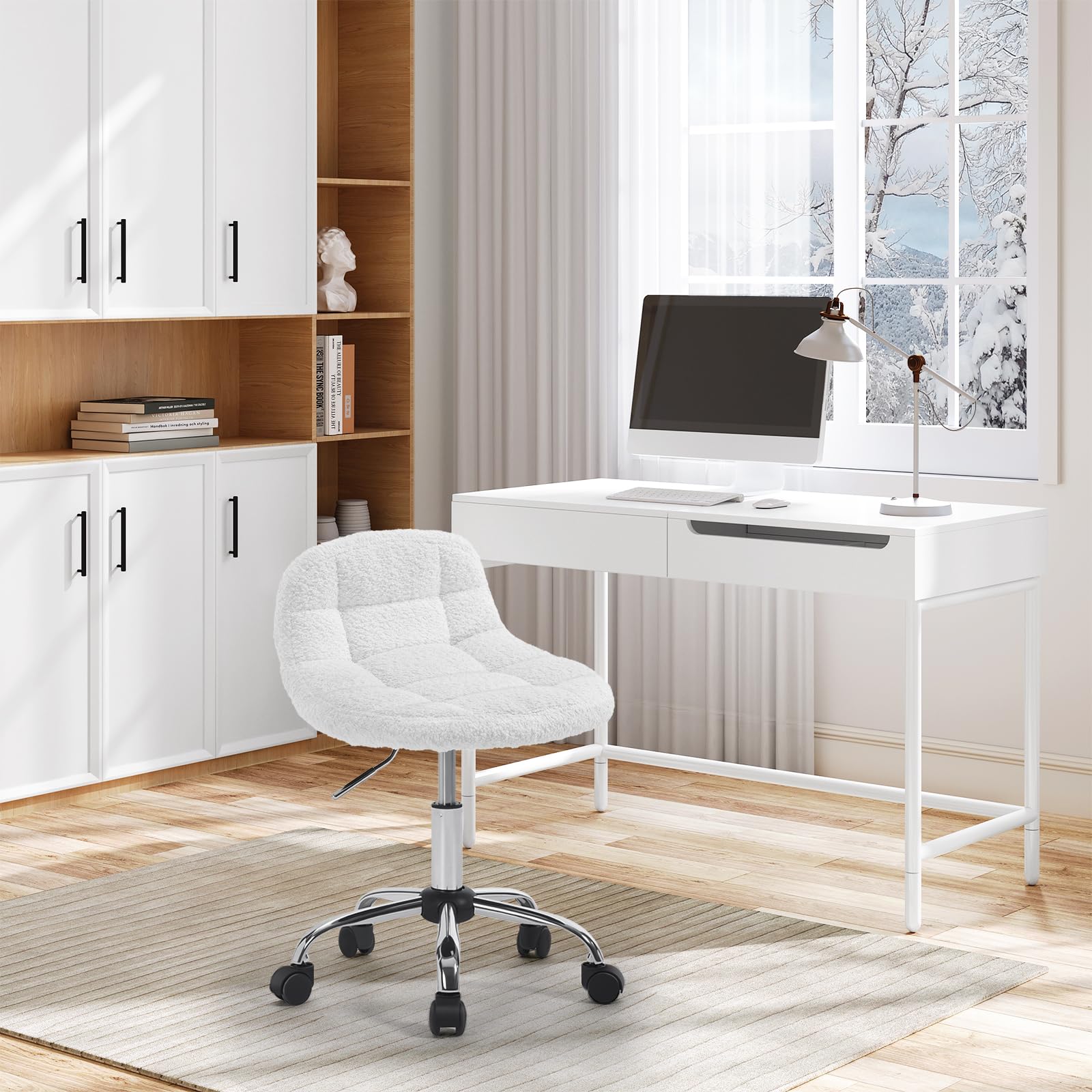 WOLTU Tabouret de Bureau Pivotant à roulettes, Tabouret avec Dossier Réglable en Hauteur Entre 43,5 et 55cm, en Chenille, Blanc, BS174ws