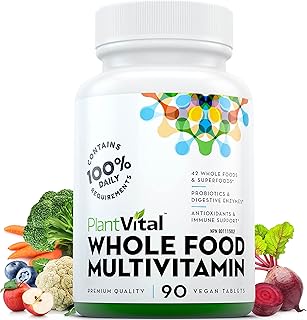 Plantvital Whole Food MULTIVITAMIN with 56 Superfoods, Raw Veggies & Fruits, Probiotics, Digestive Enzymes, B-Complex, Omegas & More. Vegan/Non-GMO. Dairy/Soy/Gluten Free. 90 Vegan Tablets