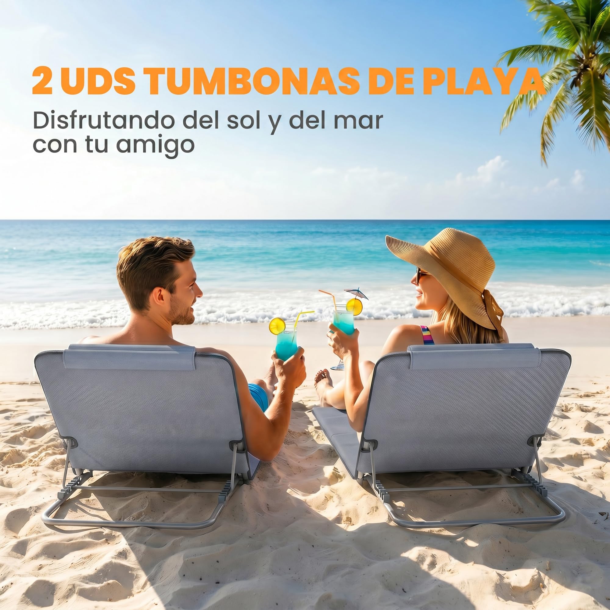 Outsunny Conjunto de 2 Esterillas de Playa Plegables, Esterillas con Respaldo Reclinable en 5 Niveles, Reposacabezas y Bolsa de Transporte, 134x48x33-43 cm, Gris