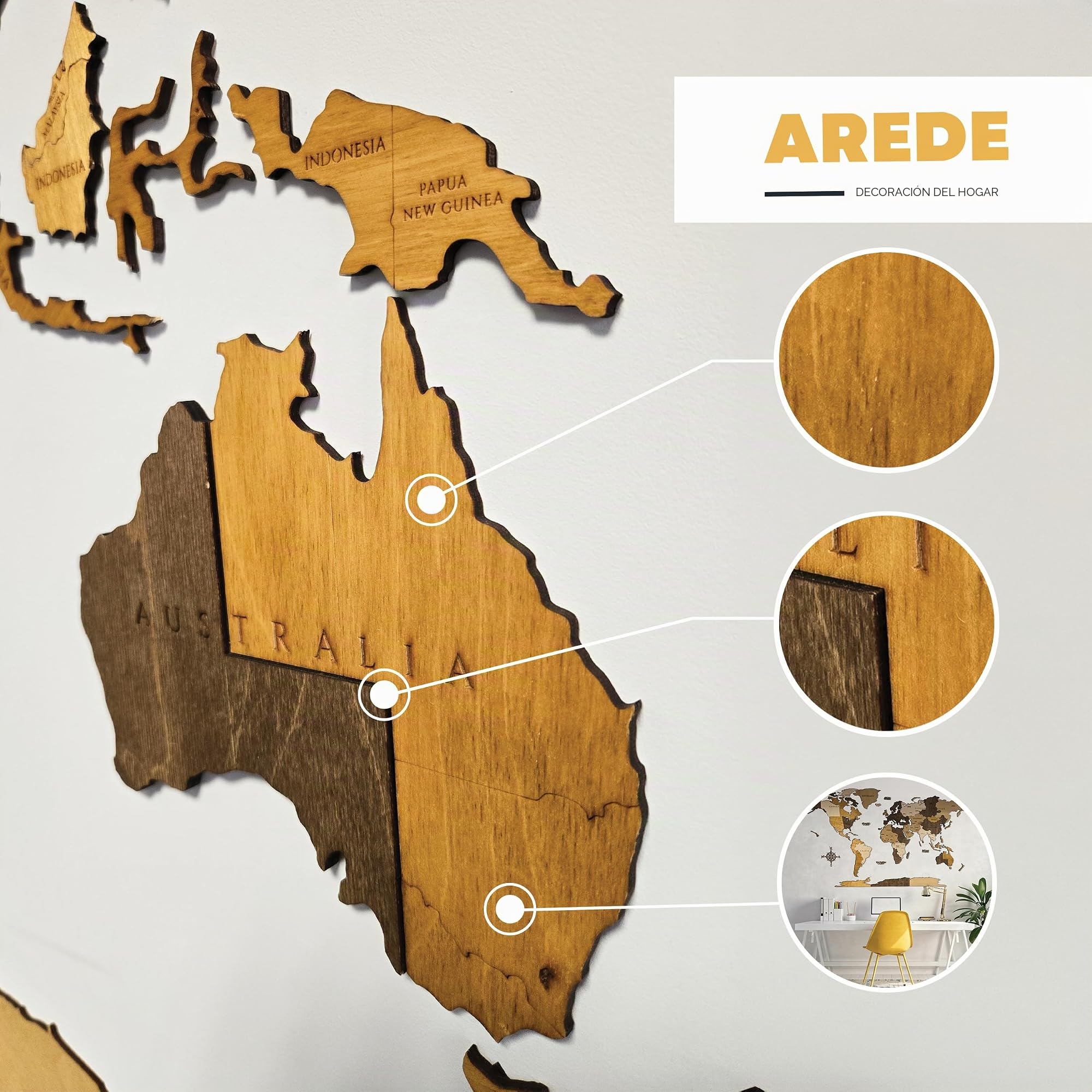 AREDE - Mapa del mundo de madera 3D para pared -120 x 75 cm - Decoración mural moderna para salón, oficina, dormitorio - Idea regalo original - Diseño elegante con detalles preciso