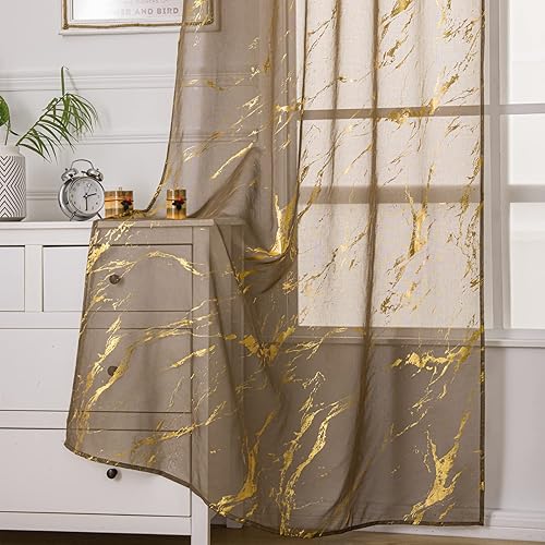 Miniatura 6 de Sutuo Home Cortinas de cenefa transparentes de mármol gris pardo de 18 pulgadas de largo 1 panel estampado de lámina dorada de bronce metálico