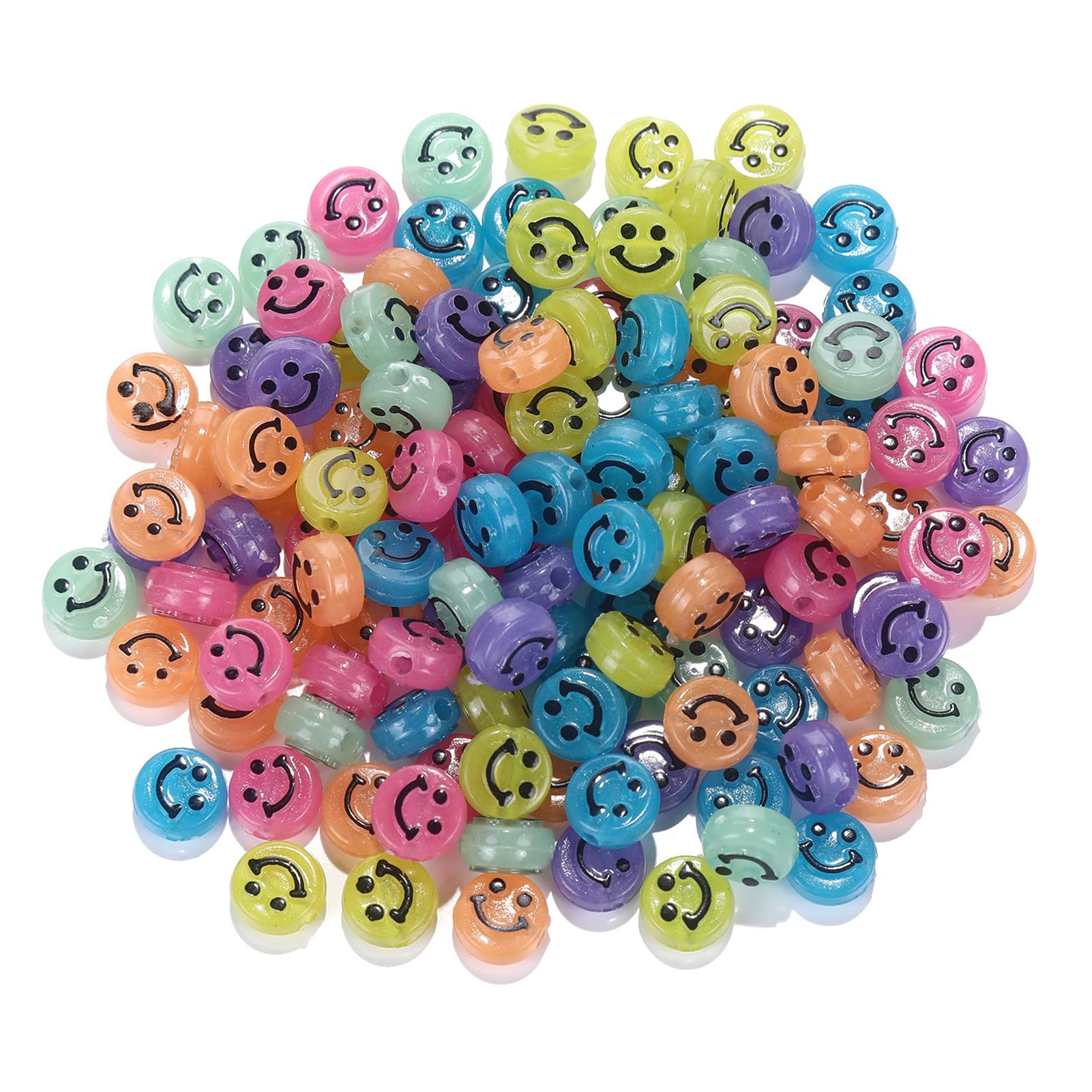 200pcs Multicolor Acrylic Smile Face Beads 10mm Pony Disc Coin Black Loose Spacer Beads for DIY Jewelry Bracelet Mobile Phone Pendant Making