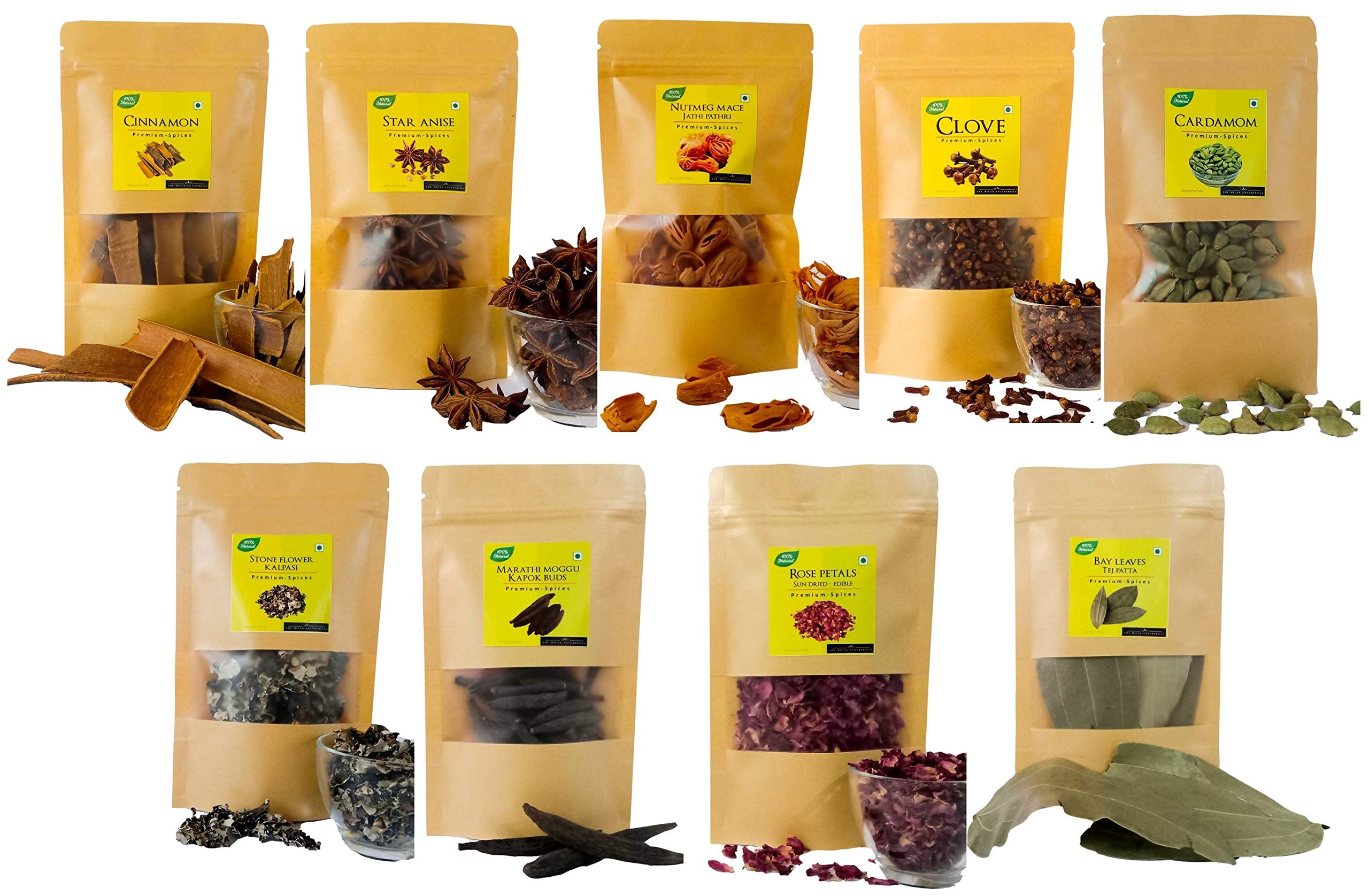 9 Assorted Spices Whole - Cardamom, Nutmeg Mace (Jathi Pathri), Star Anise, Cinnamon, Clove (Laung), Stone Flower (Kalpasi), Bay Leaves , Marathi Moggu (Kapok Buds), Rose Petals Dried (225gm)