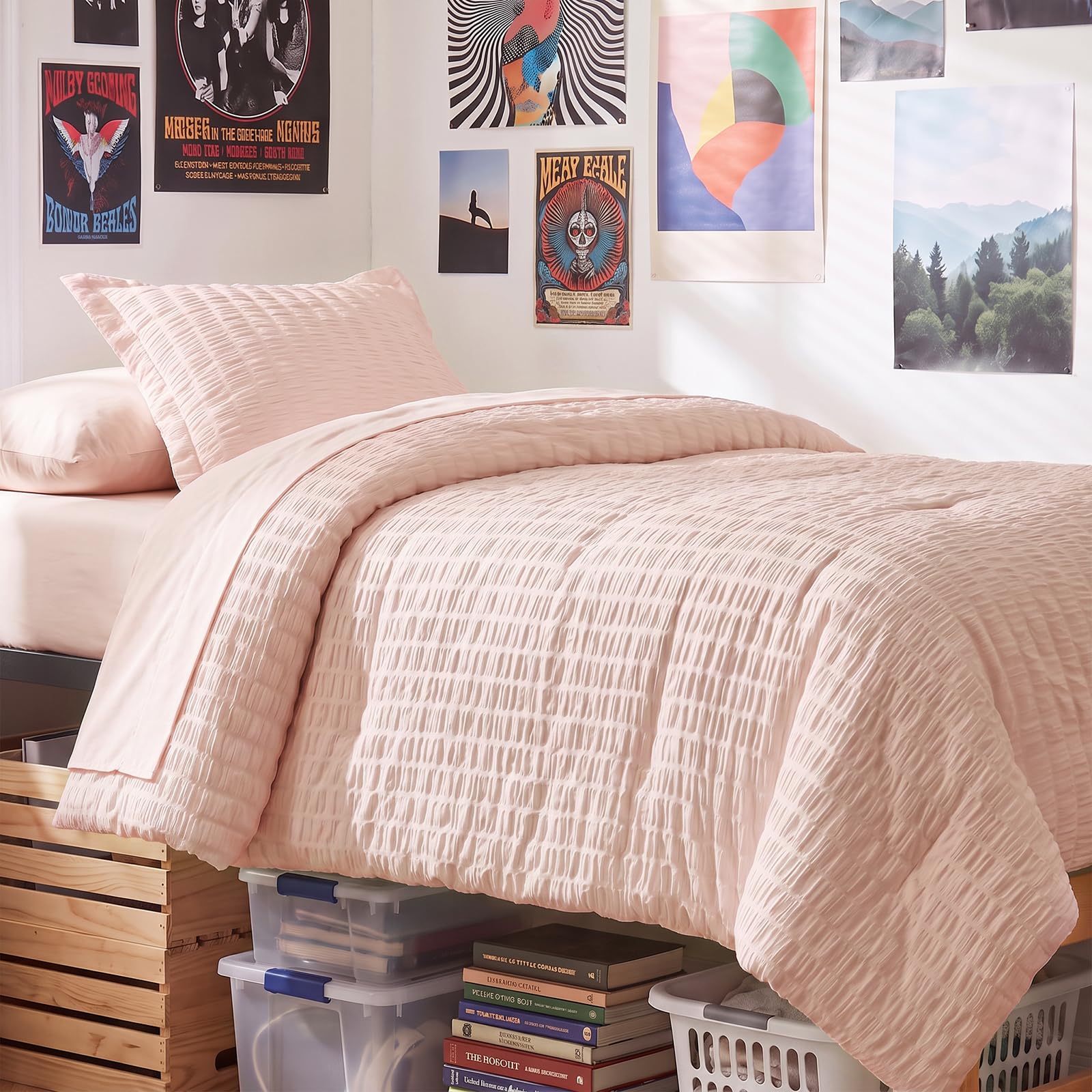 CozyLux Twin XL Comforter Set, 5 Pieces Blush Pink Seersucker Bed in a Bag
