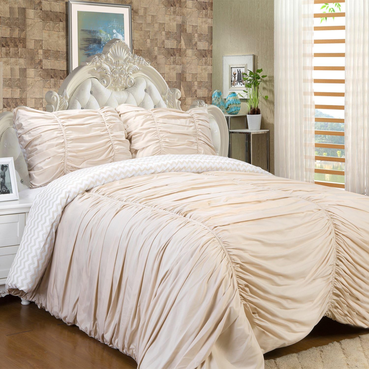 Sweet Home Collection 3 Piece Isabella Comforter Reversible Ruched/Chevron Print Comforter, King, Black