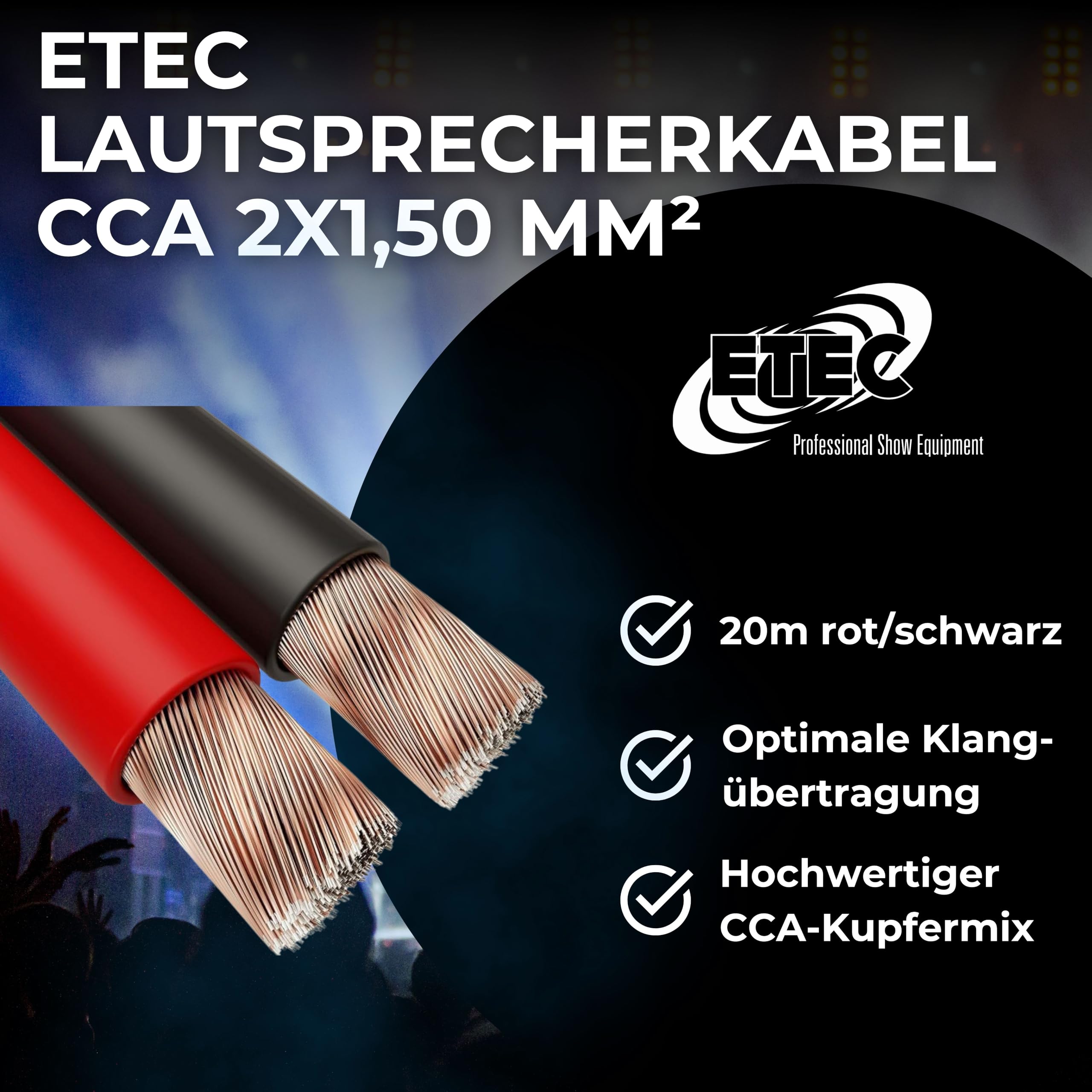 ETEC, kabel głośnikowy 20 metrów, CCA, przekrój 2x1,50mm², czerwony/czarny