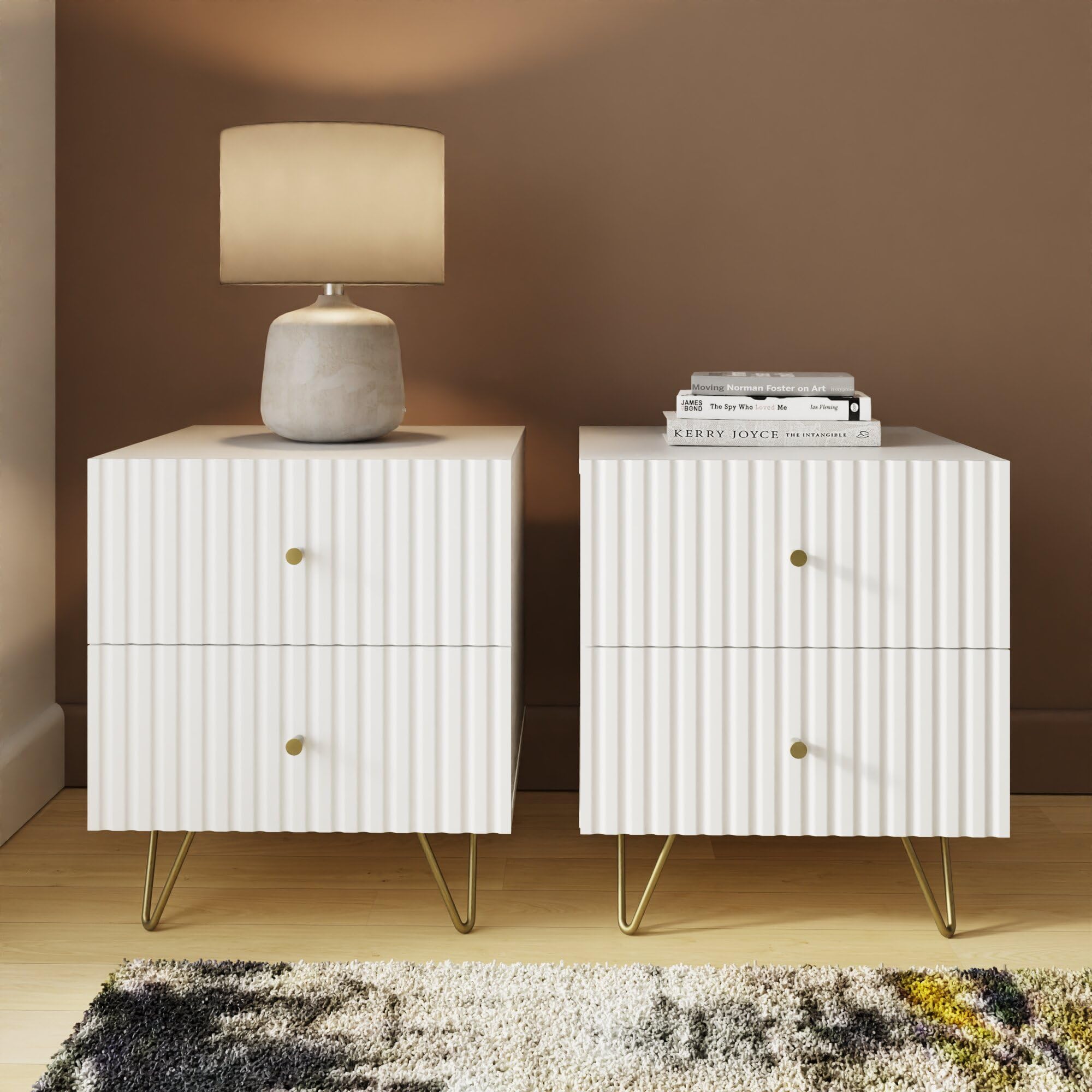 GFW Thalia Ribbed 2 Drawer Bedside Table Pair - White - Modern Elegant Design
