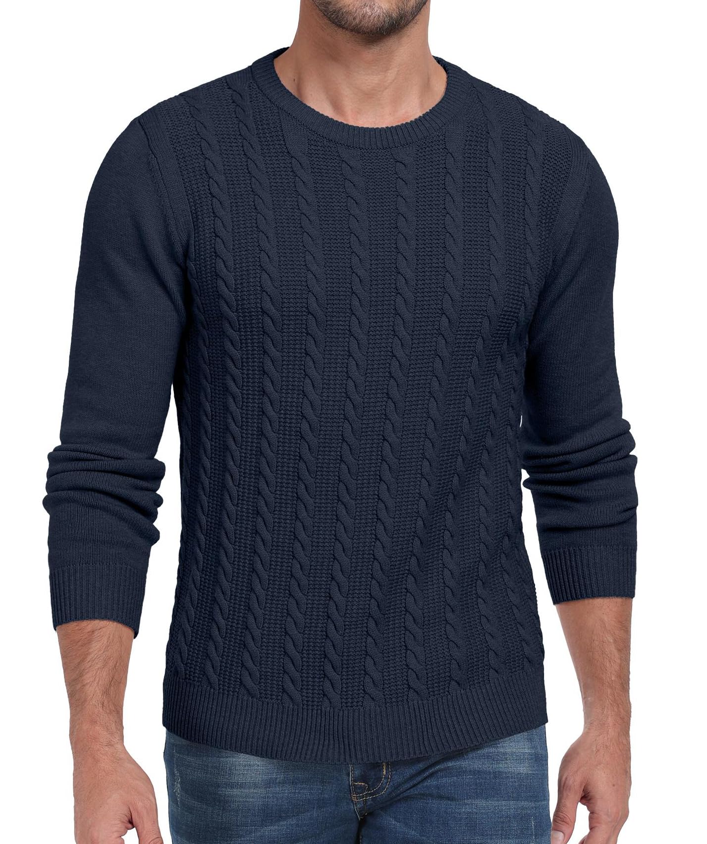 Hisir Suéter de punto trenzado para hombre, cálido, cuello redondo, manga larga, para hombre
