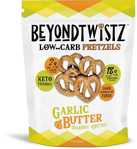 BeyondTwistz pretzels bajos en carbohidratos, mantequilla de ajo, apto para dieta cetogénica, 0.07 oz de carbohidratos netos, 0.71 onzas de
