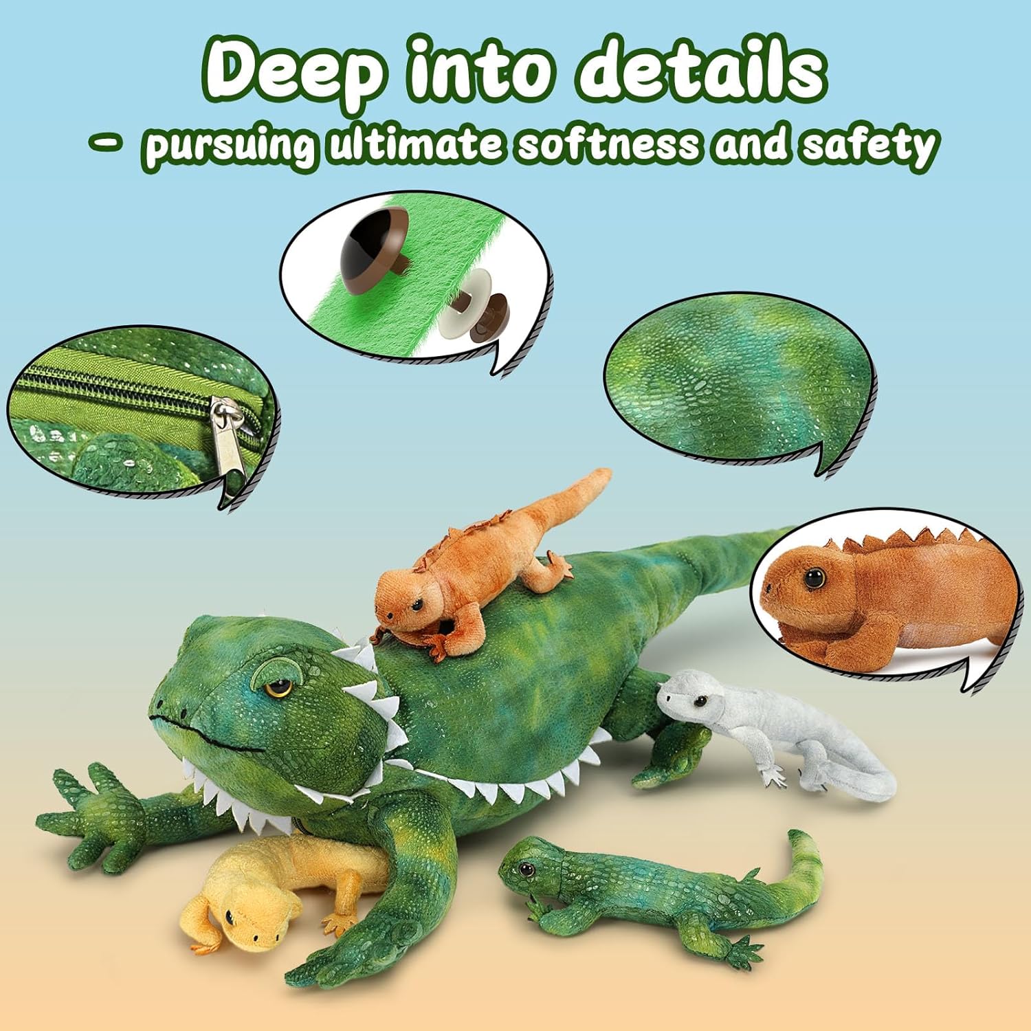 MorisMos Lizard Stuffed Animal with 4 Babies Inside, 26in Stuffed Lizard Plush with Zippered Belly, Bearded Dragon Stuffed Animal Mommy Babies Set for Kids Boys Girls on Christmas, Birthday