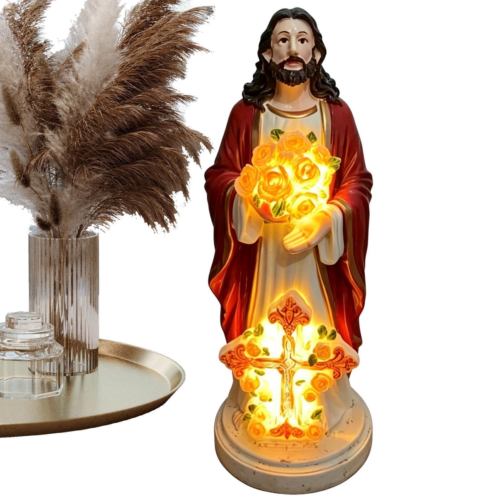 Figurines de Jésus Teksome de 19,8 cm avec lumières pour décoration chrétienne de jardin