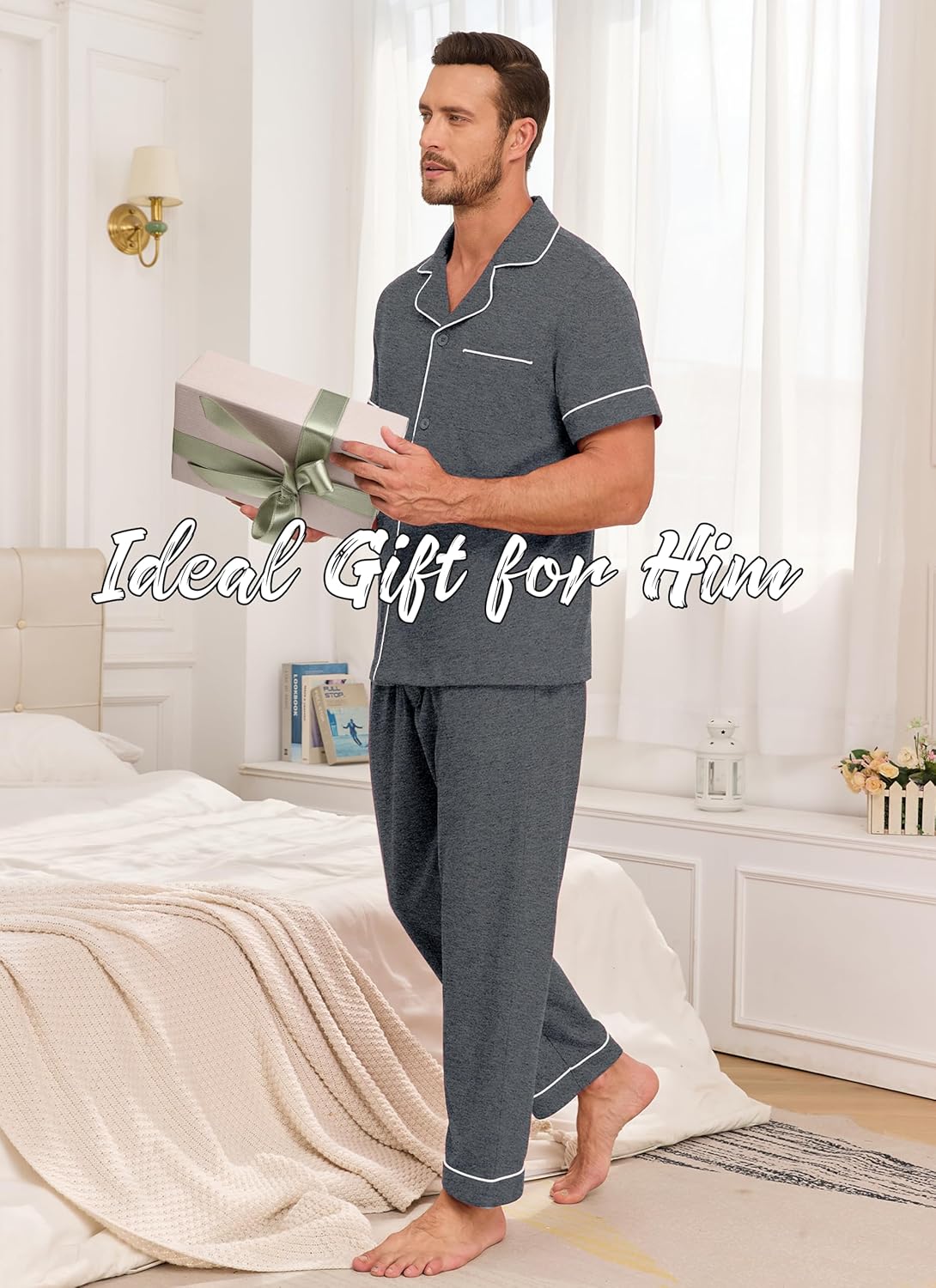 EA'S SECRET Mens Pajamas Set 100% Cotton Soft Button Pajamas for Men Short Sleeve Sleepwear 2 Piece Lounge Pjs Sets - Image 3