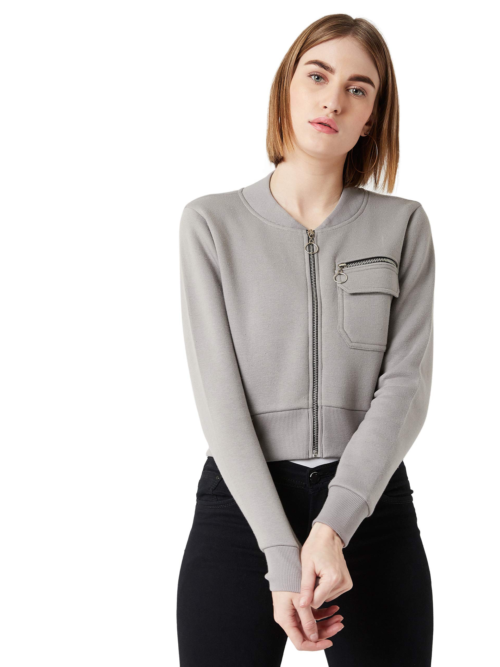 miss chase Women's Grey Collared Full Sleeves Solid Bomber Cropped Jacket-picture-39
