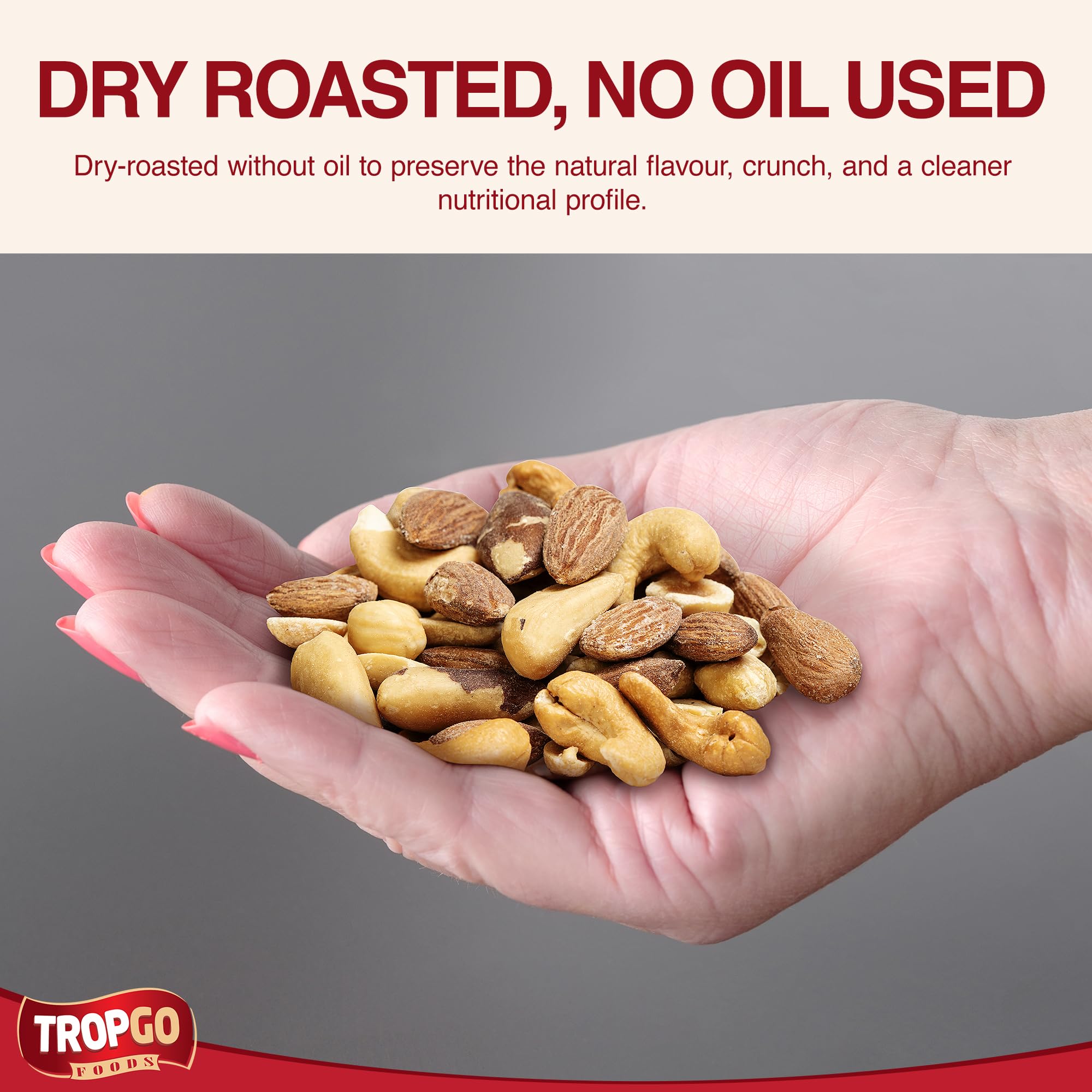 Tropgo Mélange de Noix Grillées Sans Sel 500g x2 – Noix Saines et Fraîches, Riches en Fibres & Protéines – Idéal en Snack – Amandes, Cajou, Noix du Brésil, Cacahuètes & Noisettes