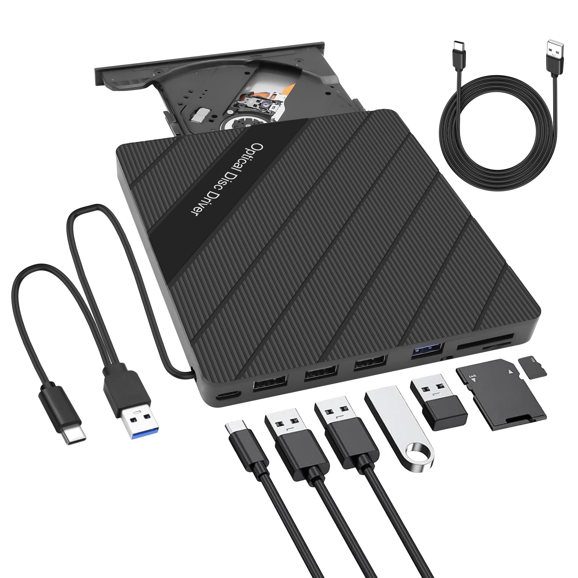XMSJSIY Unità CD/DVD esterna per laptop USB 3.0 Tipo-C Portatile CD/DVD ROM +/-RW Masterizzatore Lettore Disk Duplicator con USB 3.0/Type C/SD/TF Card Ports 8 in 1 per Desktop PC Mac