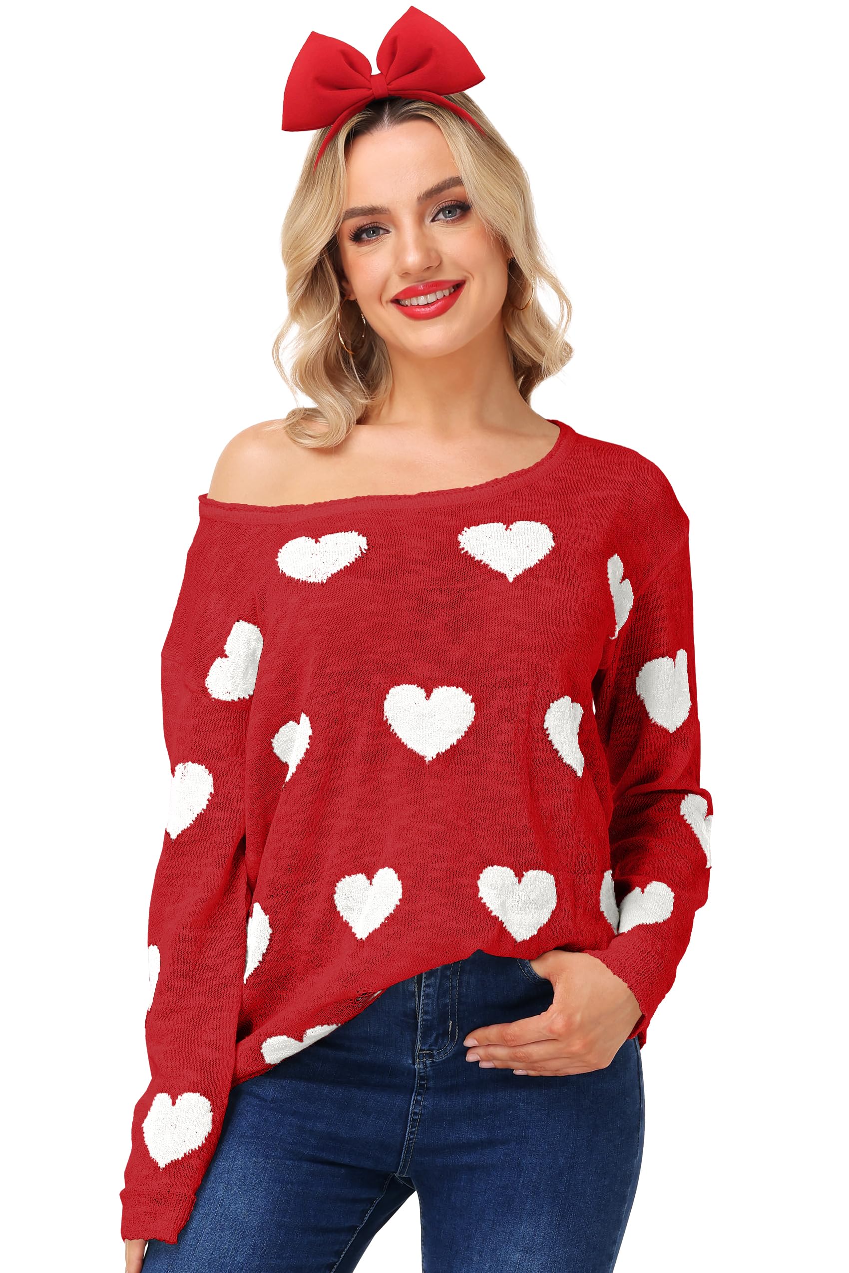 Womens Valentine Sweaters Off Shoulder Pullover Love Heart Long Sleeve Blouse