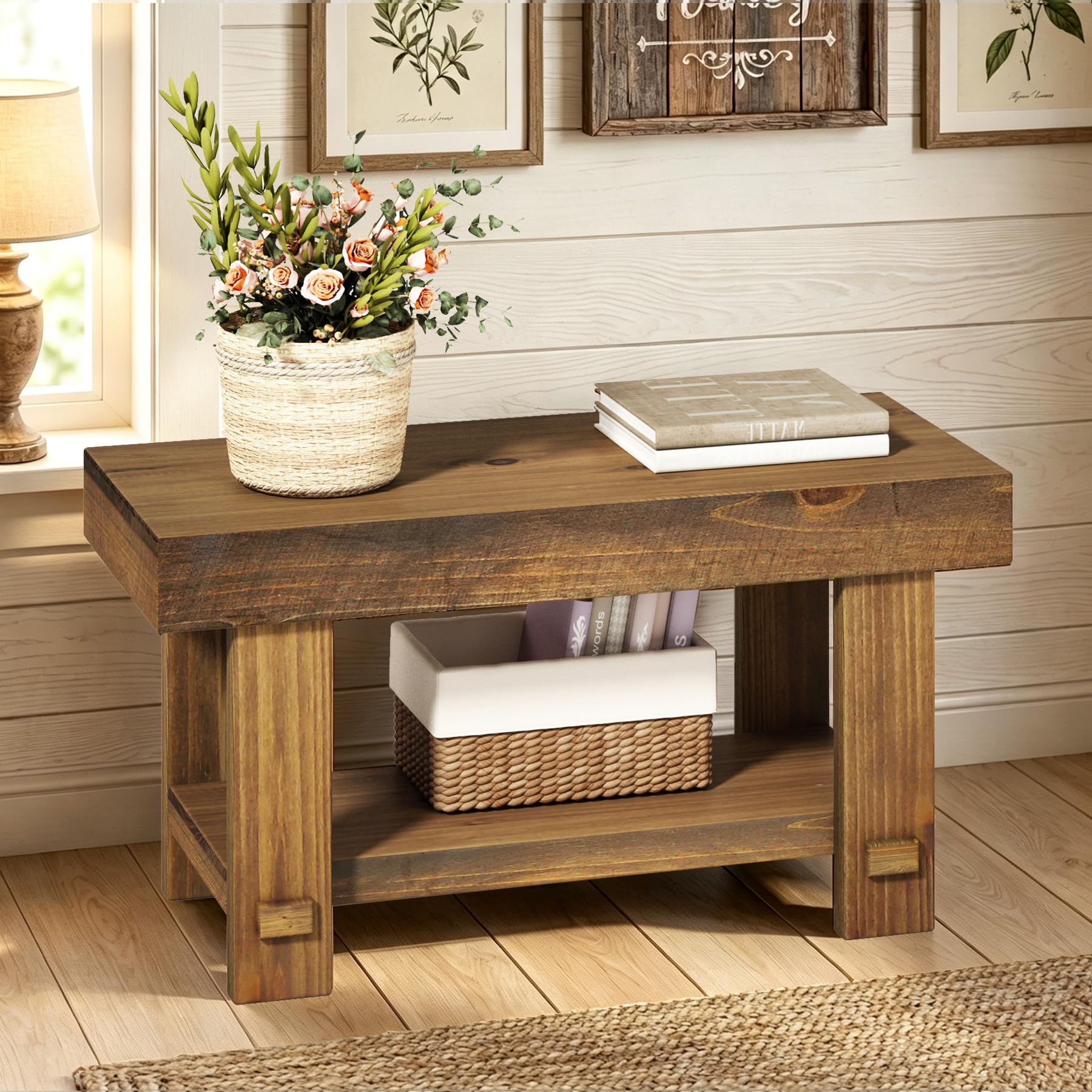 HOKYHOKY Solid Wood Entryway Bench - 31.5' Farmhouse Small Narrow Benches