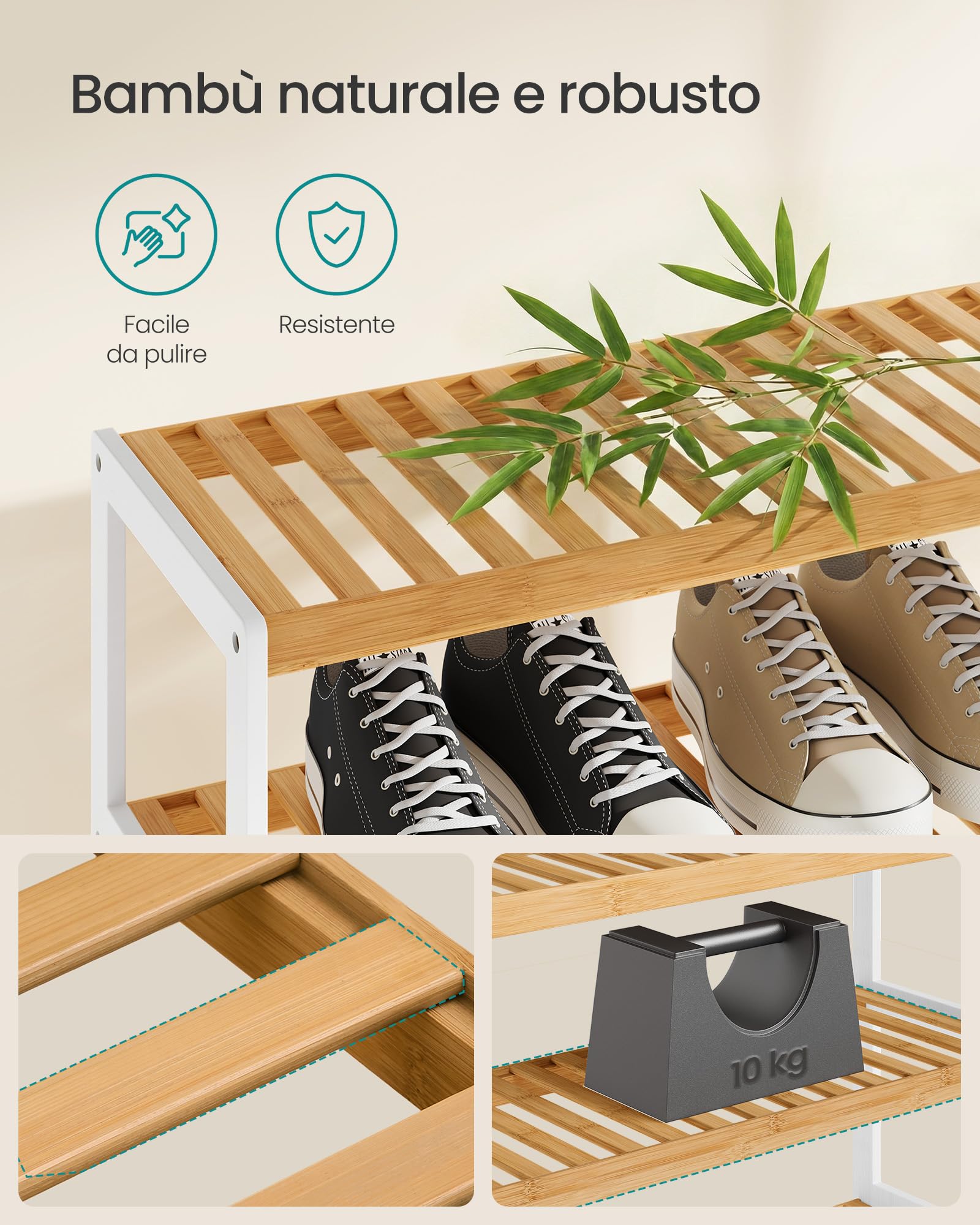 SONGMICS Scarpiera in Bambù, Scaffale Portascarpe a 4 Ripiani, Organizer per Scarpe Piante Libri, Ingresso Soggiorno Camera da Letto, 26 x 70 x 75,5 cm, Bianco e Naturale LBS007KZ01