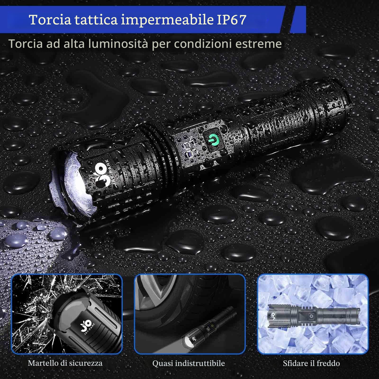 JAY-PARK Torcia LED Potente Professionale 1000000 Lumen, Torcia LED Ricaricabile con Batteria 5000 mAh, Torcia Potente con 5 Modalità, Zoomabile, Impermeabile IPX7 Per Campeggio, Escursioni, Emergenze