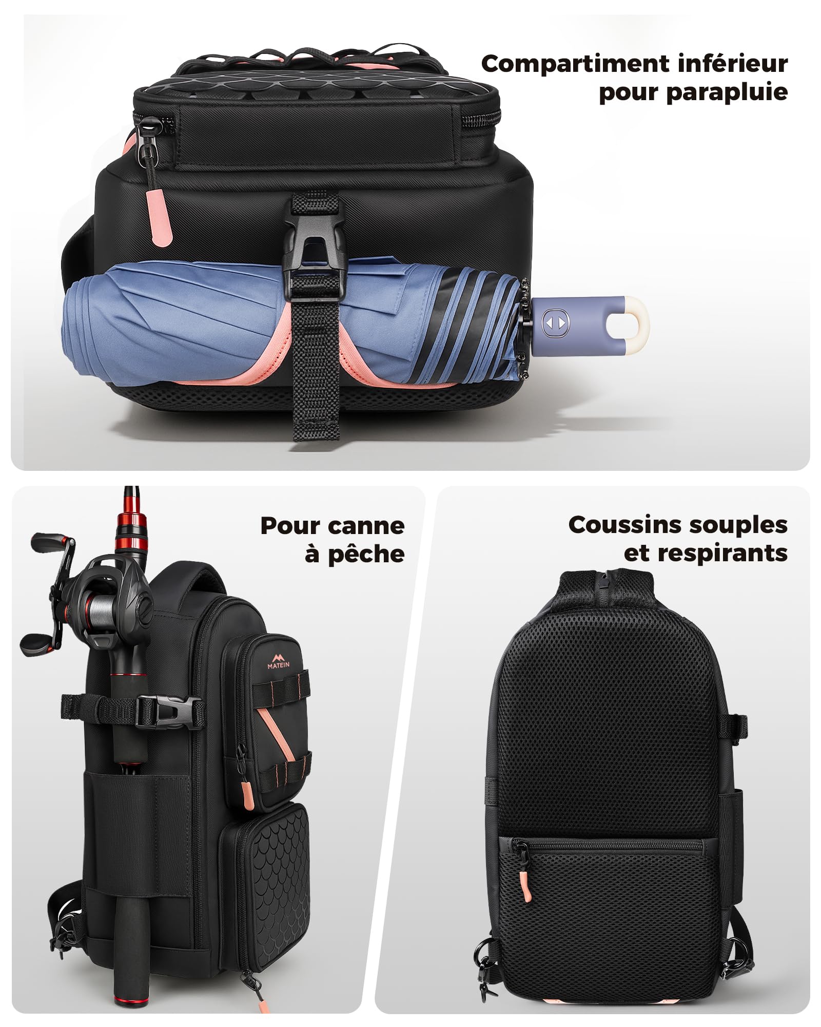 MATEIN Sac de Pêche avec Porte-Canne et Poche pour Téléphone, Noir | Petit Sac a Dos Peche Imperméable pour Femme avec Porte-Esches Amovible et Compartiment Isotherme, 2-en-1, Cadeau Pêcheur
