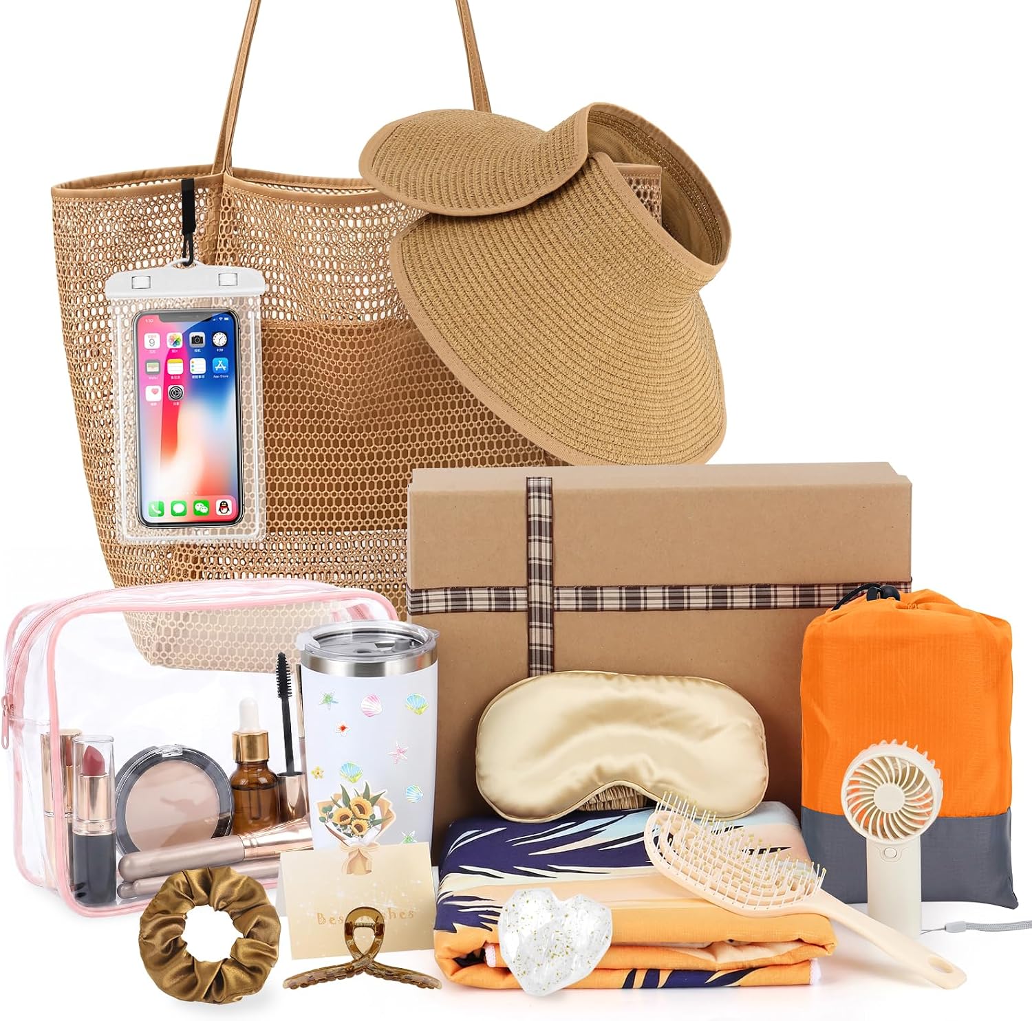 16PCS Beach Gifts for Women, Ocean Theme Gifts Basket Beach Blanket Gift Basket for Women Birthday Christmas Summer Hawaiian Party (Khaki)