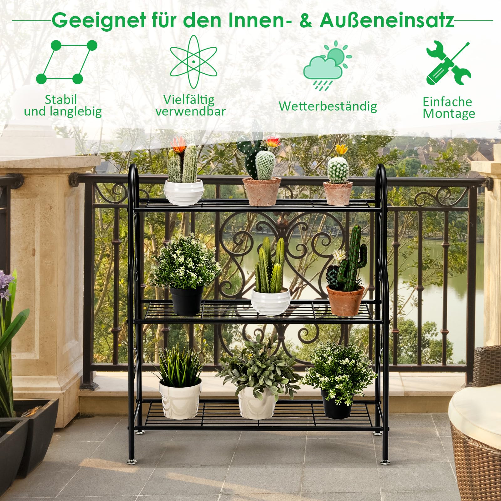 COSTWAY 3-stufige Metall Blumentreppe, Pflanzenständer Pflanzenregal Pflanzentreppe, Blumenregal belastbar bis 35 kg, Blumenbank für Garten Balkon Indoor Outdoor, Schwarz, 72 x 25 x 85 cm